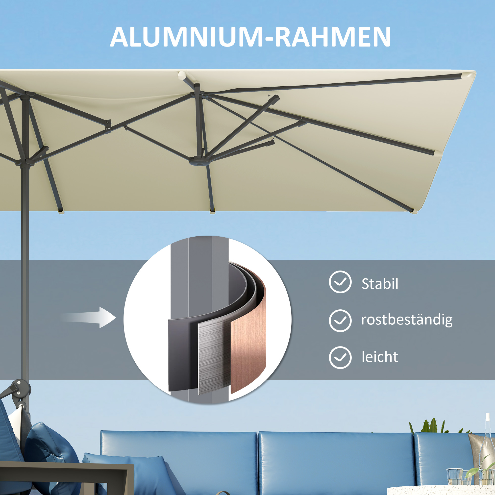 Doppelseitiger Schirm, 451 x 264 cm Sonnenschirm mit Kurbelsystem, 12 Metallstreben, Aluminiummast, Cremeweiß