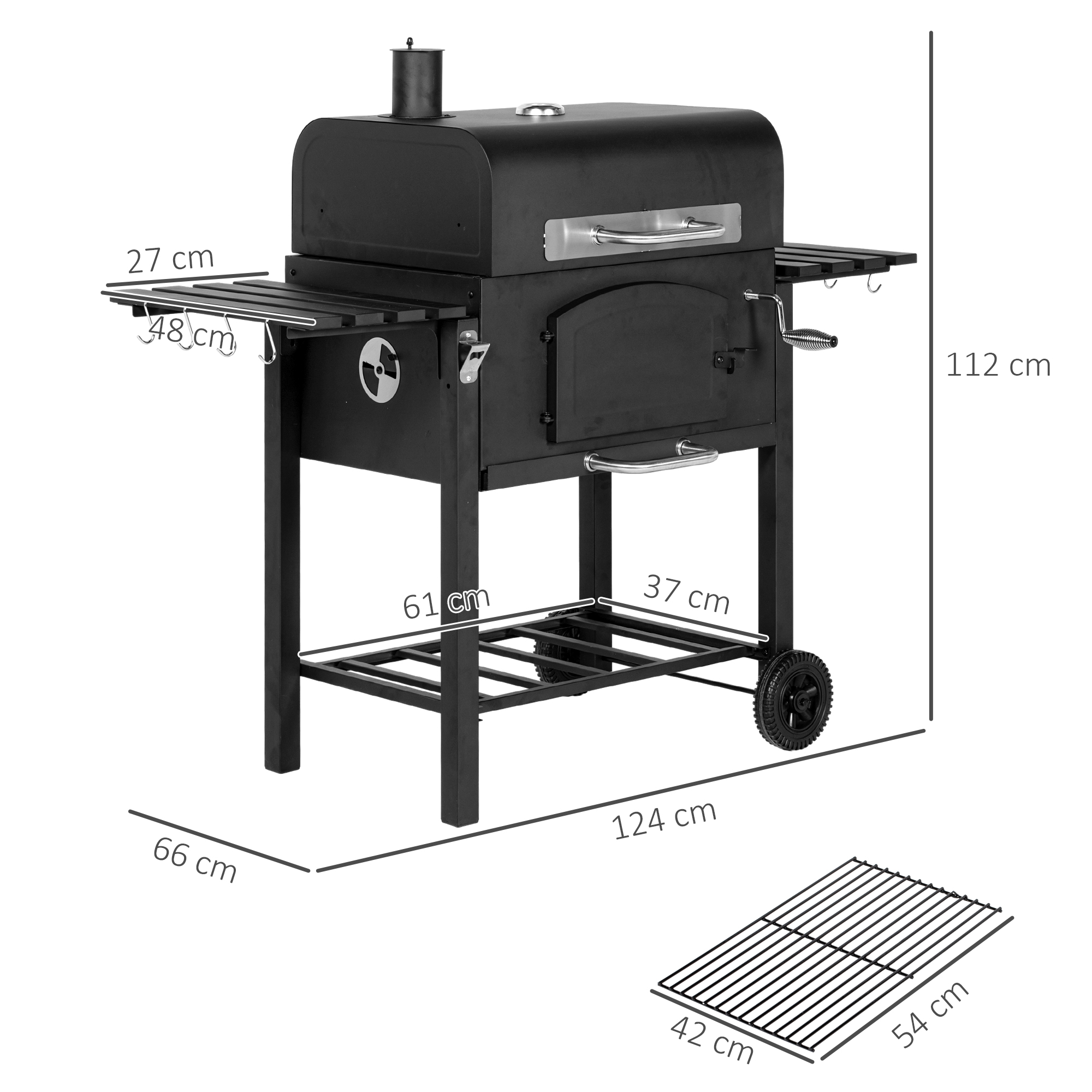 Holzkohlegrill BBQ-Grill Smoker, verstellbares Kohlefach, Seitenablagen, 124 x 66 x 112 cm, Schwarz