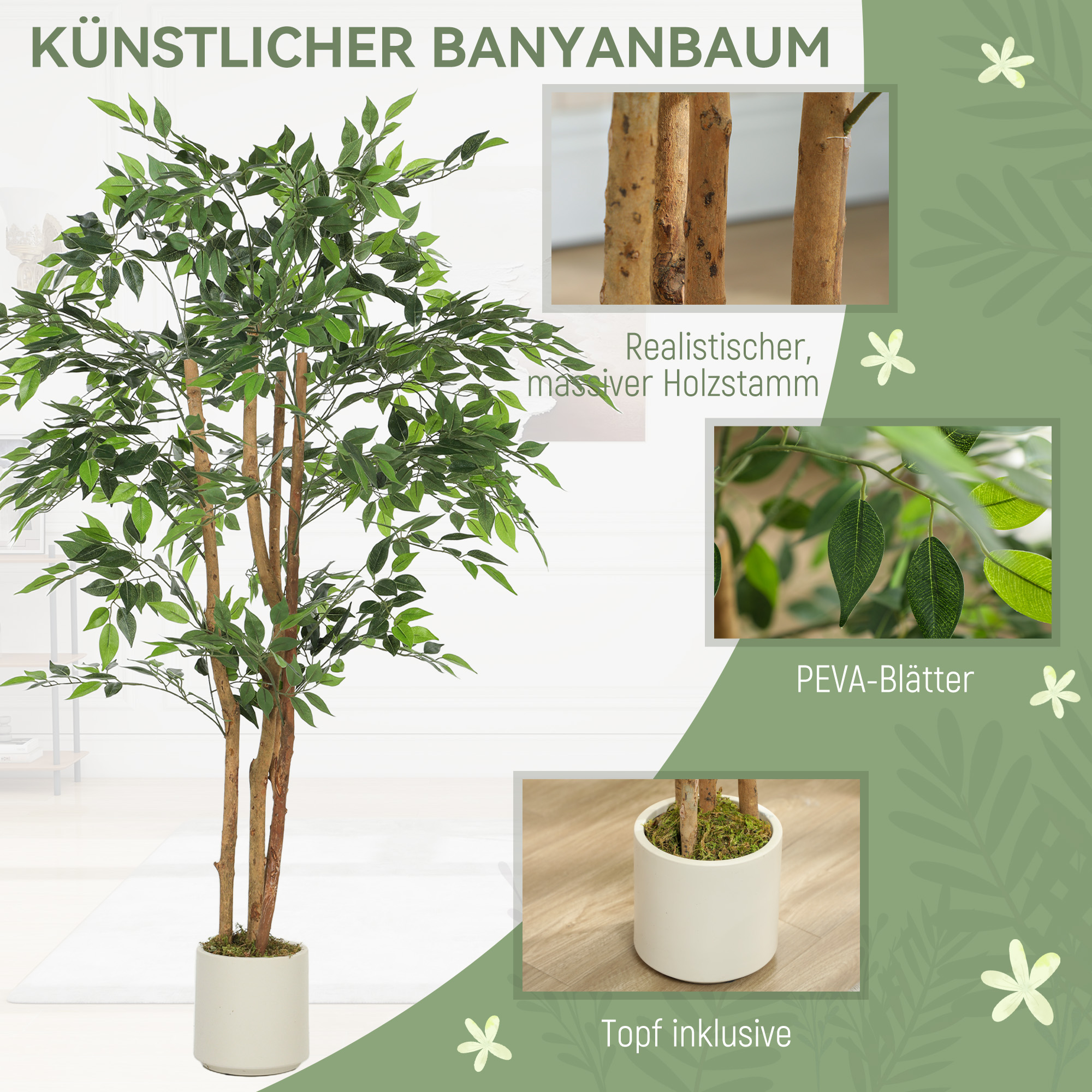 Künstlicher Banyanbaum Kunstpflanze mit Massivholzstamm, Topf, für Wohnzimmer Schlafzimmer Büro 65 x 65 x 150 cm Grün