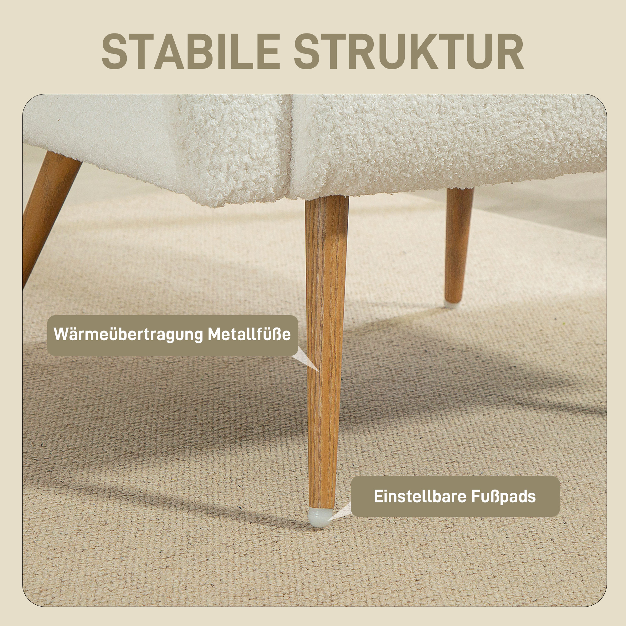 Polstersessel, Fleece-Bezug, gepolsterter Armlehnstuhl mit Lendenkissen, Metallbeine, Lesesessel, Cremeweiß