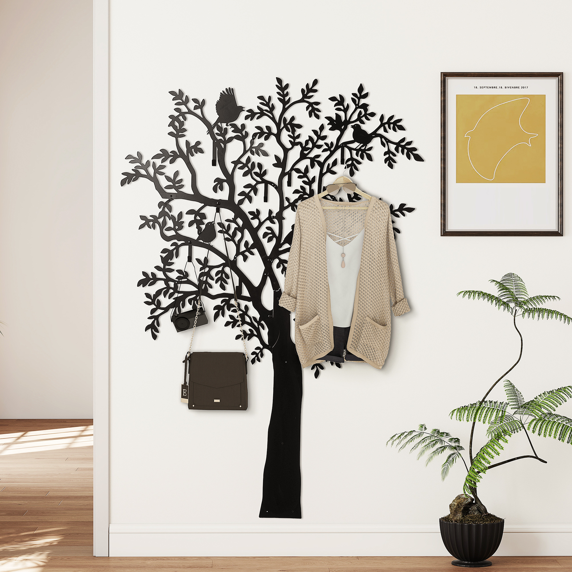 Wandgarderobe, Wandmontierter Mantelhaken, Baumdesign mit Vögeln, Schwarz
