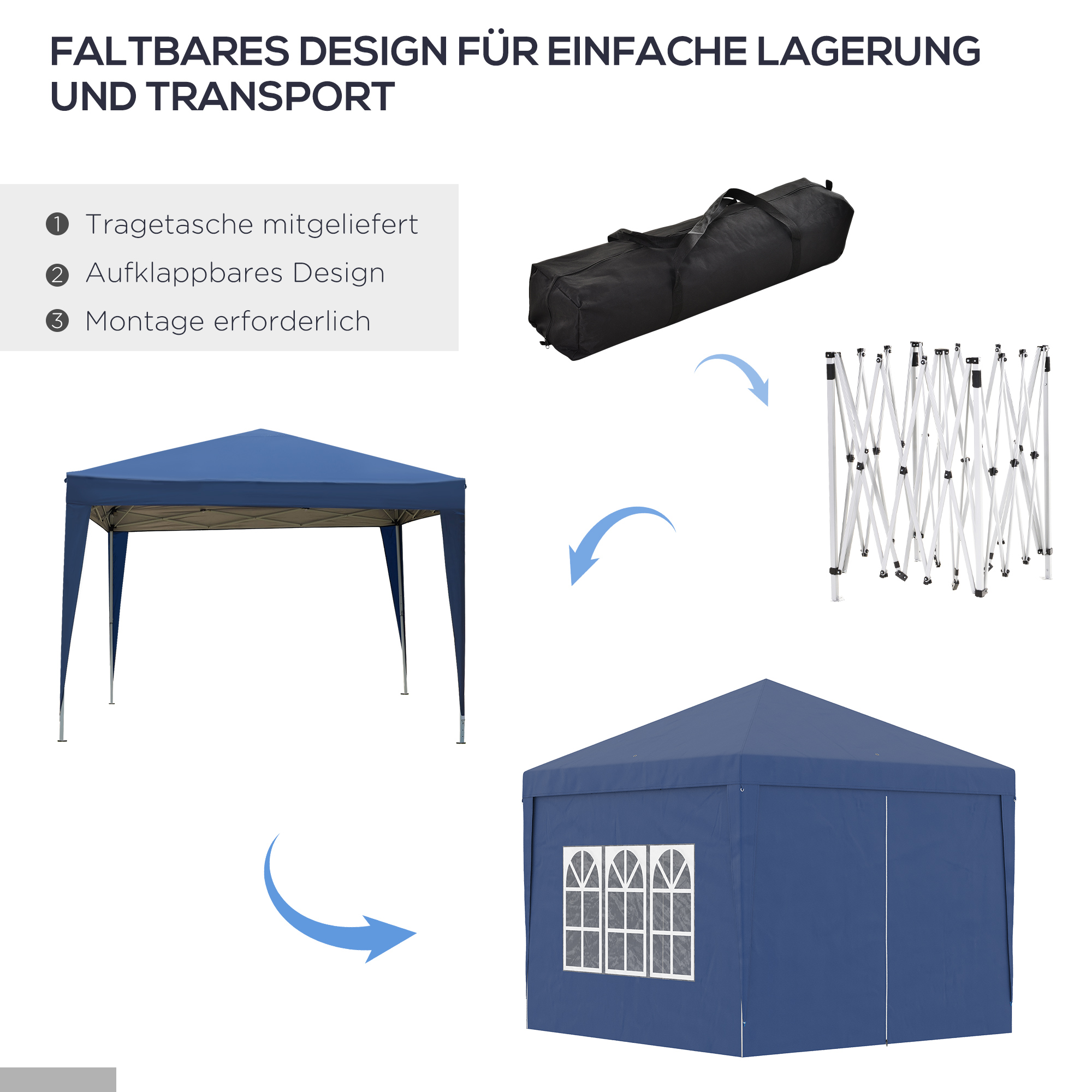 3 x 3 m Pavillon mit 4 Seitenwänden, Fenster, Festzelt mit UV-Schutz, Gartenzelt inkl. Tragetasche, Stahl, Blau