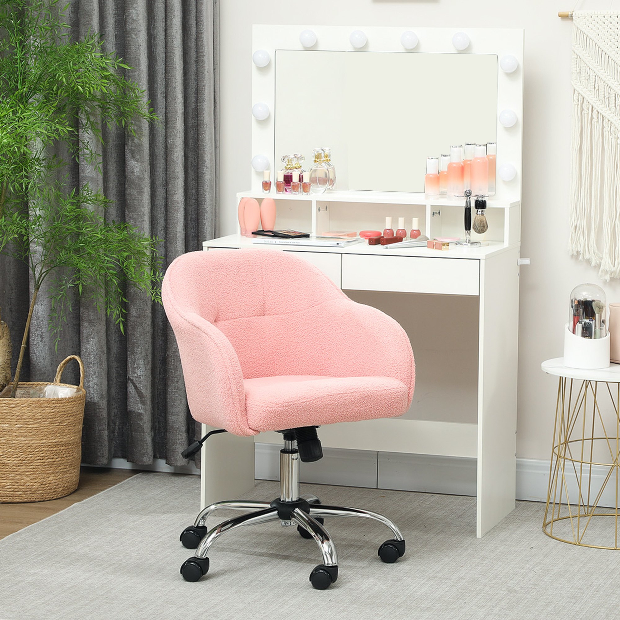 Homeoffice Stuhl, Ergonomisch Schreibtischstuhl mit Wippfunktion, Teddysamtoptik 56 x 61 x 86 cm Rosa