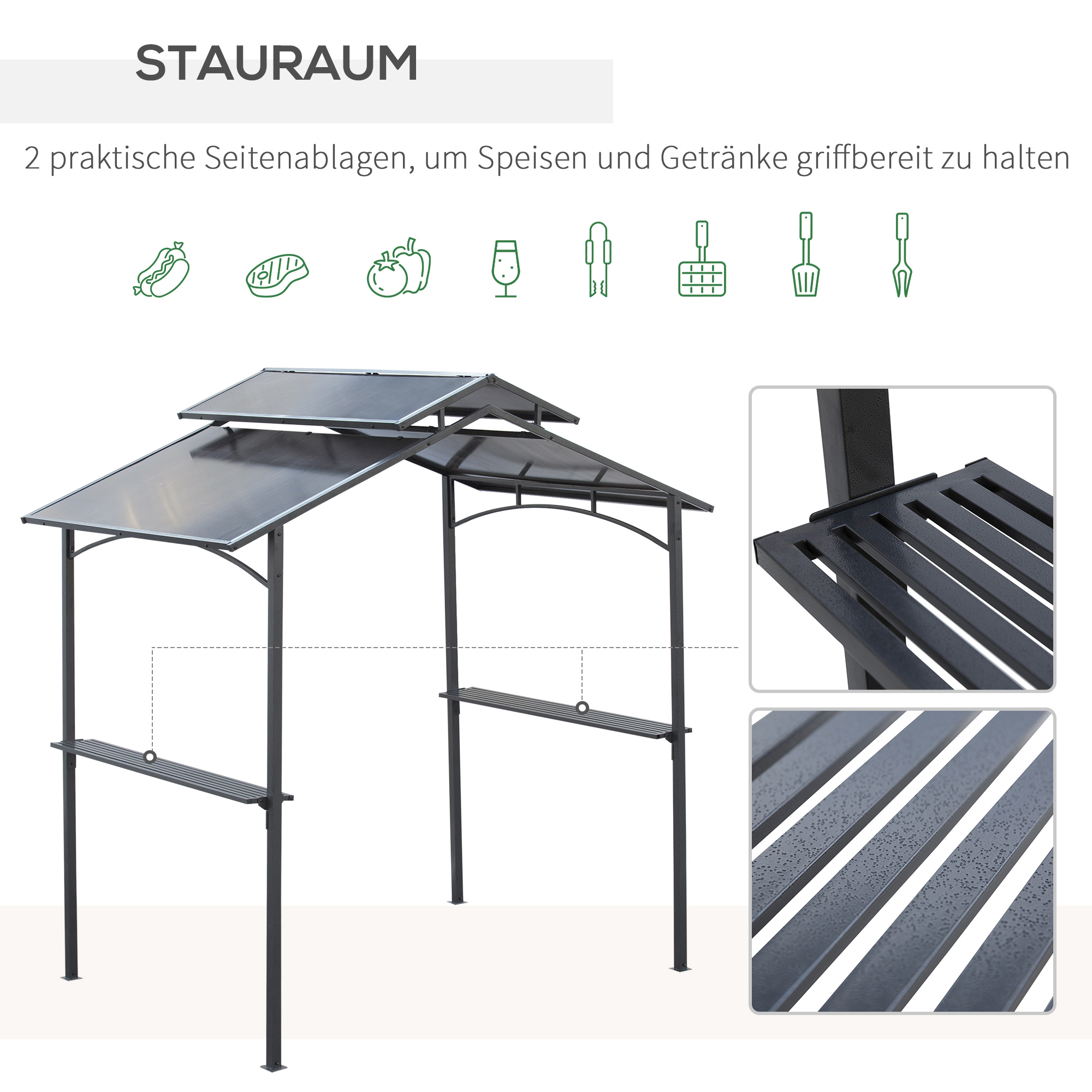 Grillpavillon mit Flammschutzdach BBQ-Pavillon mit 2 Ablagen 2,5 x 1,5m Stahl PC Schwarz+Braun
