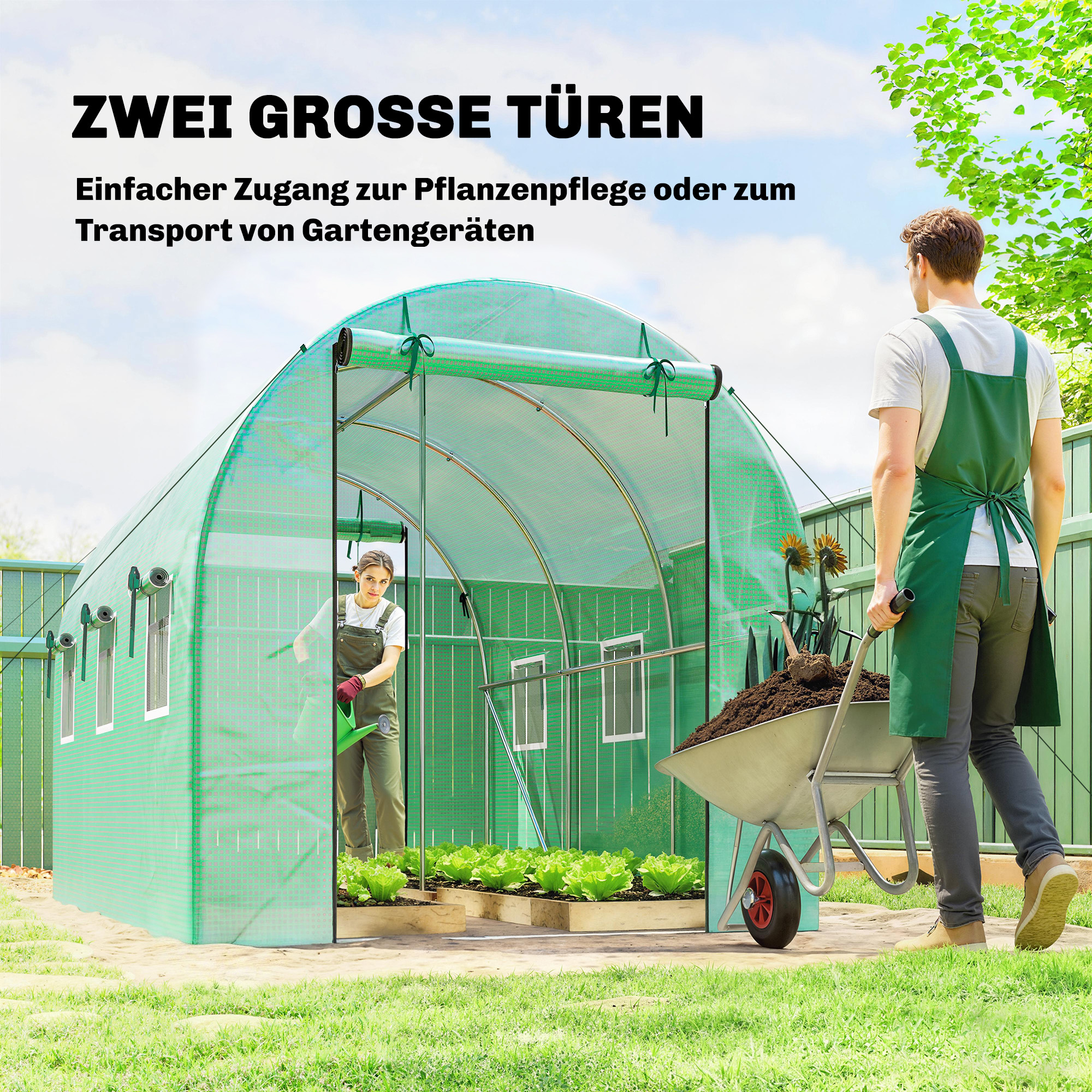 Gewächshaus 3 x 2 x 2 m Foliengewächshaus mit Rollbar 2 Reißverschlusstür & 6 Netzfenster Stützstangen Grün