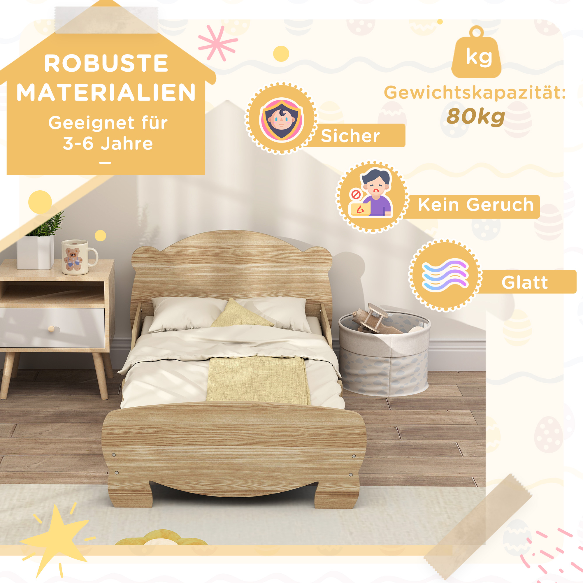 Kinderbett Jugendbett Hausbett mit Bären-Design Spielbett für 3-6Jahre Kinder 143,5 x 80 x 55 cm Naturholz