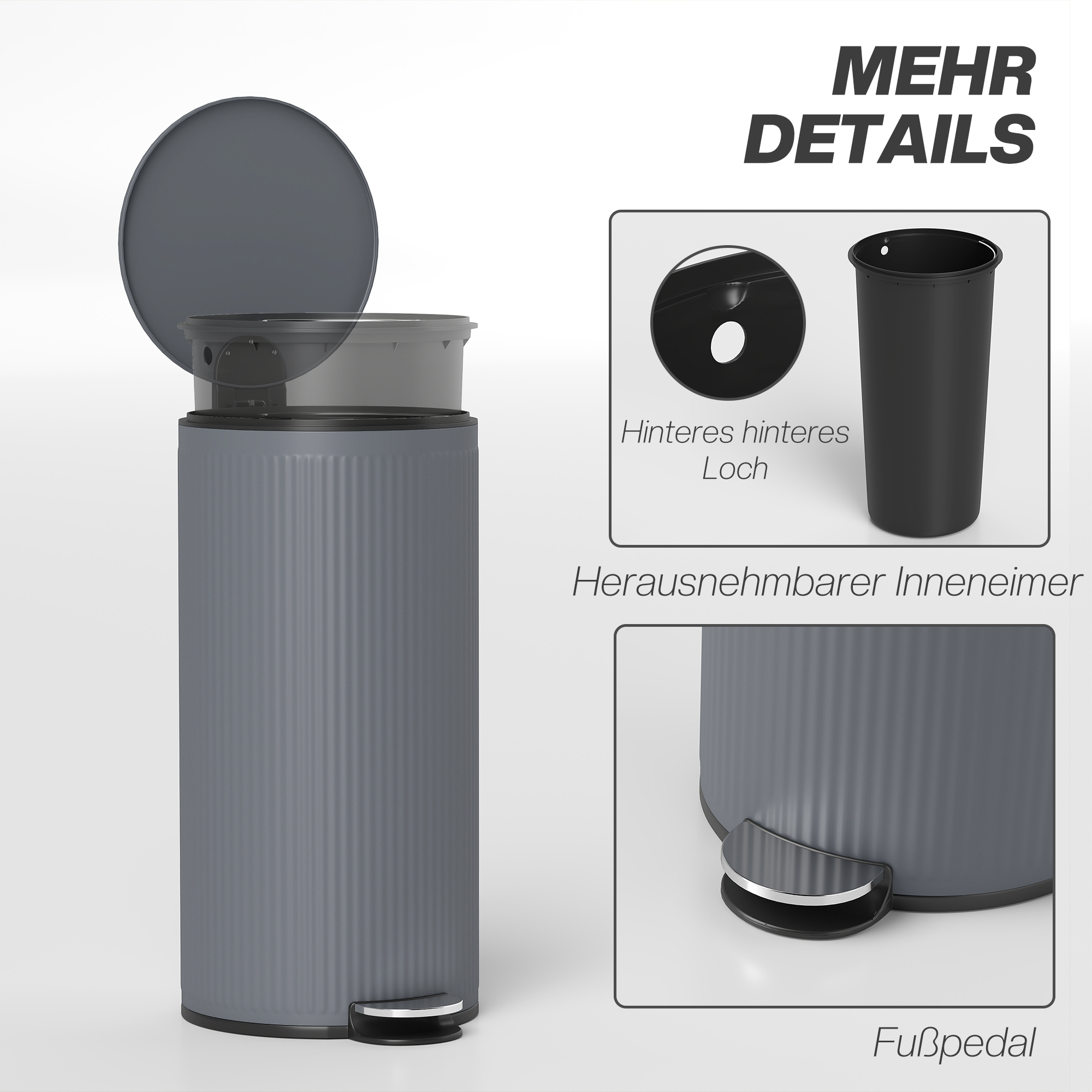 Mülleimer 30l Treteimer mit Softclose-Deckel und Pedal, Inneneimer Metall, Schwarz, 36 x 30 x 60,5 cm