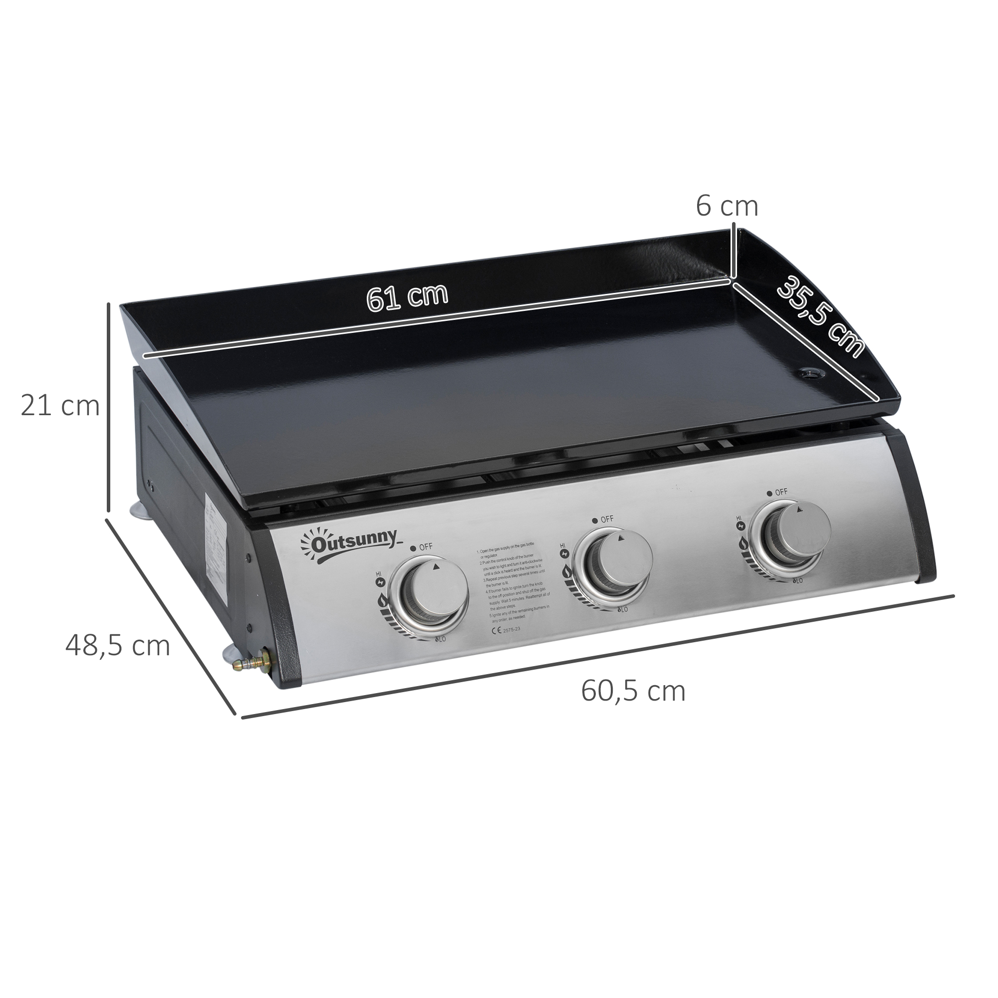 Gasgrill mit 3 Brennern, Schlauch, Antihaft-Grillplatte, Edelstahl, Farbe: Silber, 63 x 48 x 21 cm