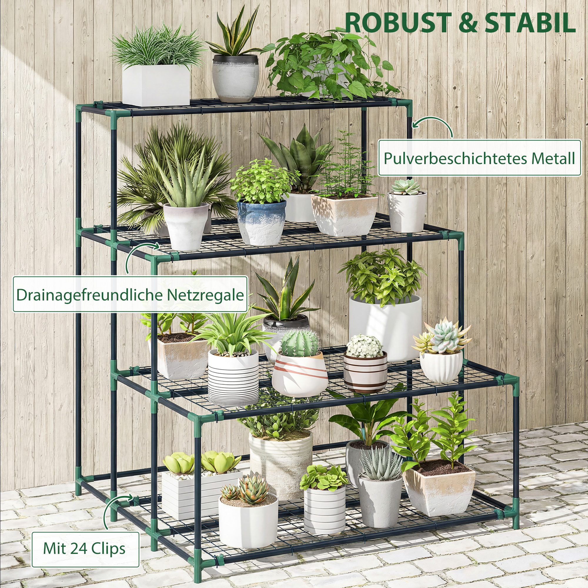 4-Etagen Pflanzenständer, 110 cm hoch Blumenständer mit 24 Clips, Pflanzenregal aus Stahl Dunkelgrün