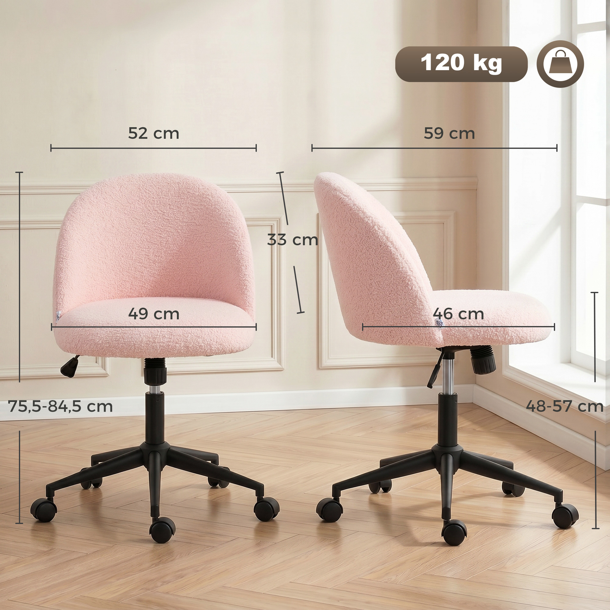 Drehbarer Bürostuhl aus Teddyfleece, höhenverstellbar, mit Rollen, Komfortschaum, Rosa
