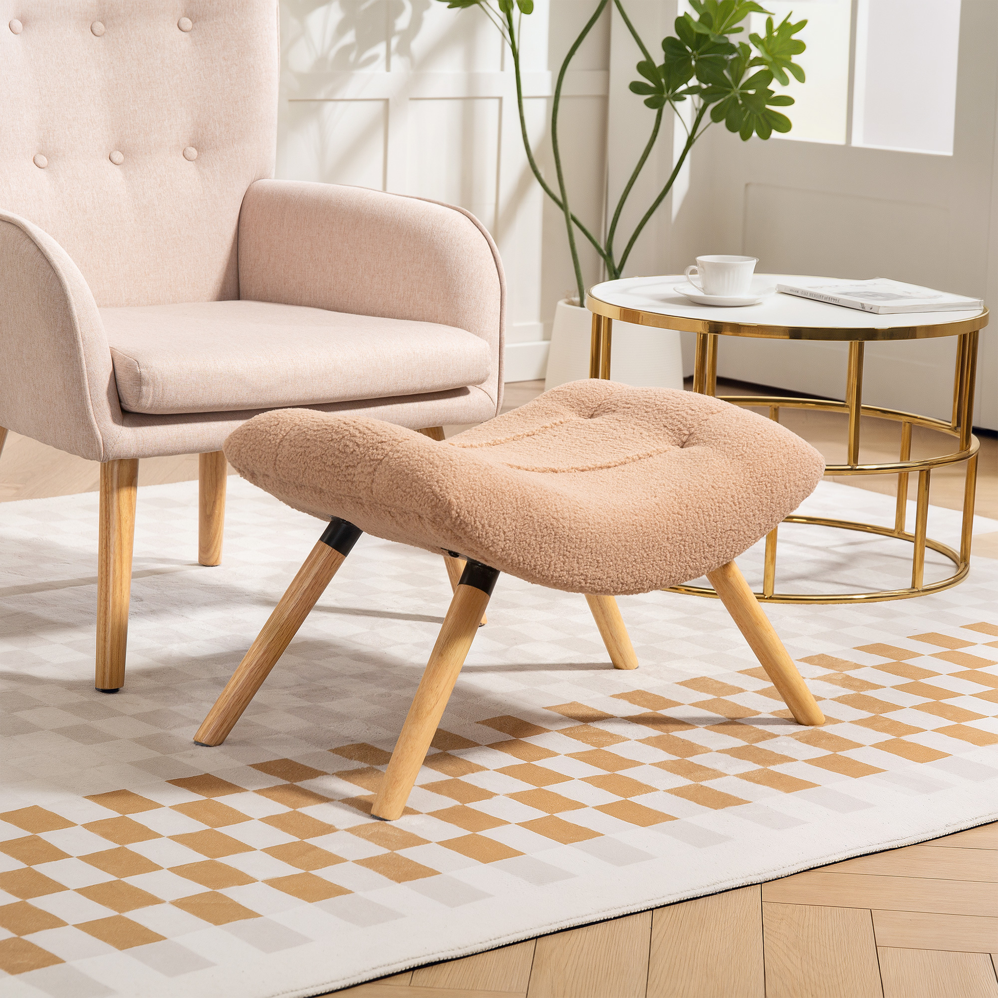 Moderner Fußhocker mit Fleece-Bezug und Holzbeinen, gepolstert, für Wohnzimmer, Schlafzimmer, Flur, Braun