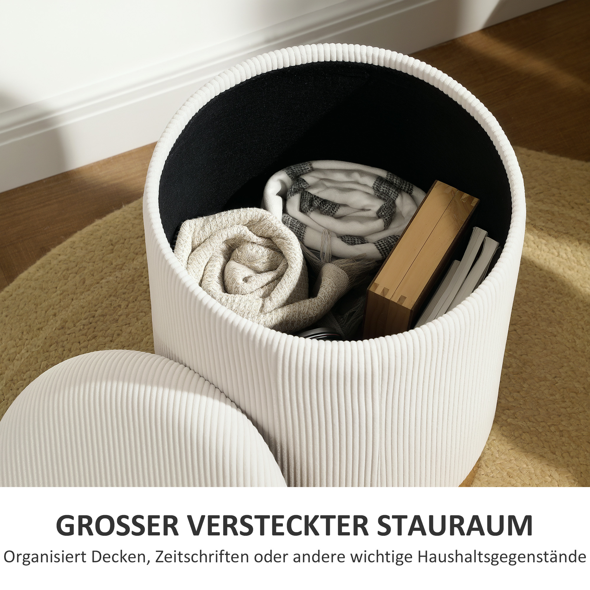 Sitzhocker mit Stauraum klappbare Hocker mit Deckel, Stahlboden, Runder Fußhocker 36 x 36 x 44 cm Cremeweiß