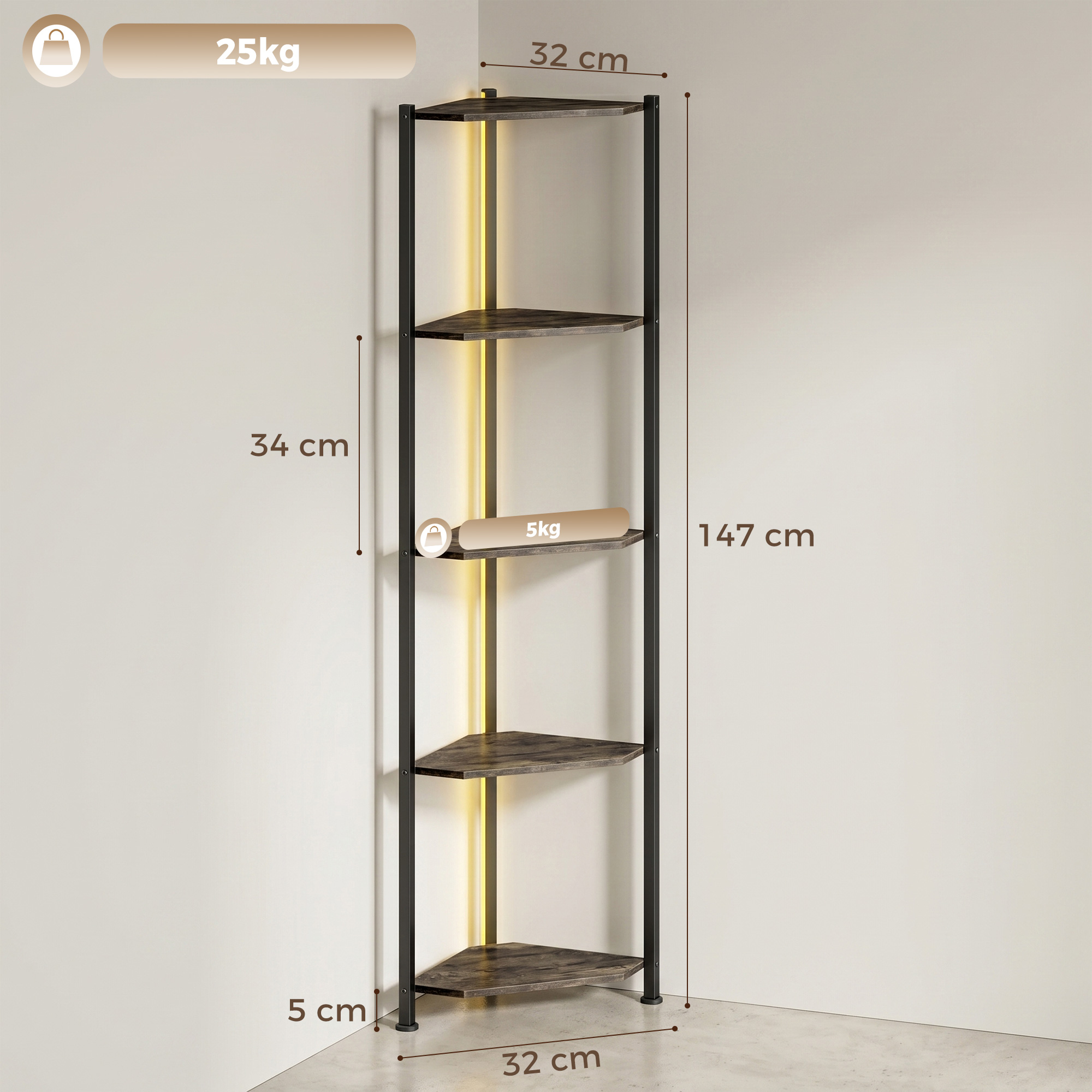 Bücherregal 5-stöckiges Eckregal mit LED-Beleuchtung für Wohnzimmer, Schlafzimmer, Büro, Rustikal Braun