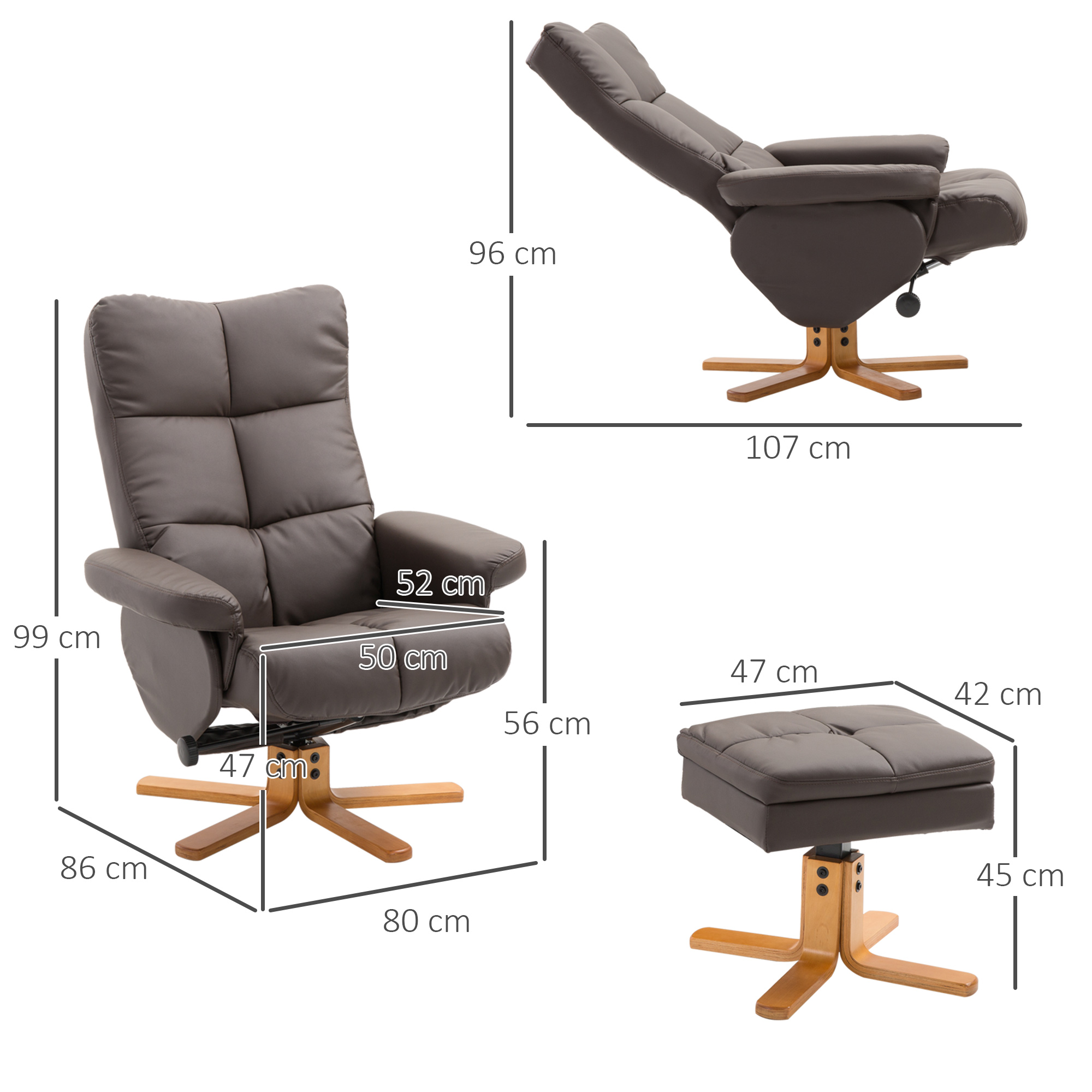 Relaxsessel mit Hocker, 360°drehbarer Fernsehsessel mit Liegefunktion Lesesessel für Schlafzimmer, Wohnzimmer, Kunstleder, Braun