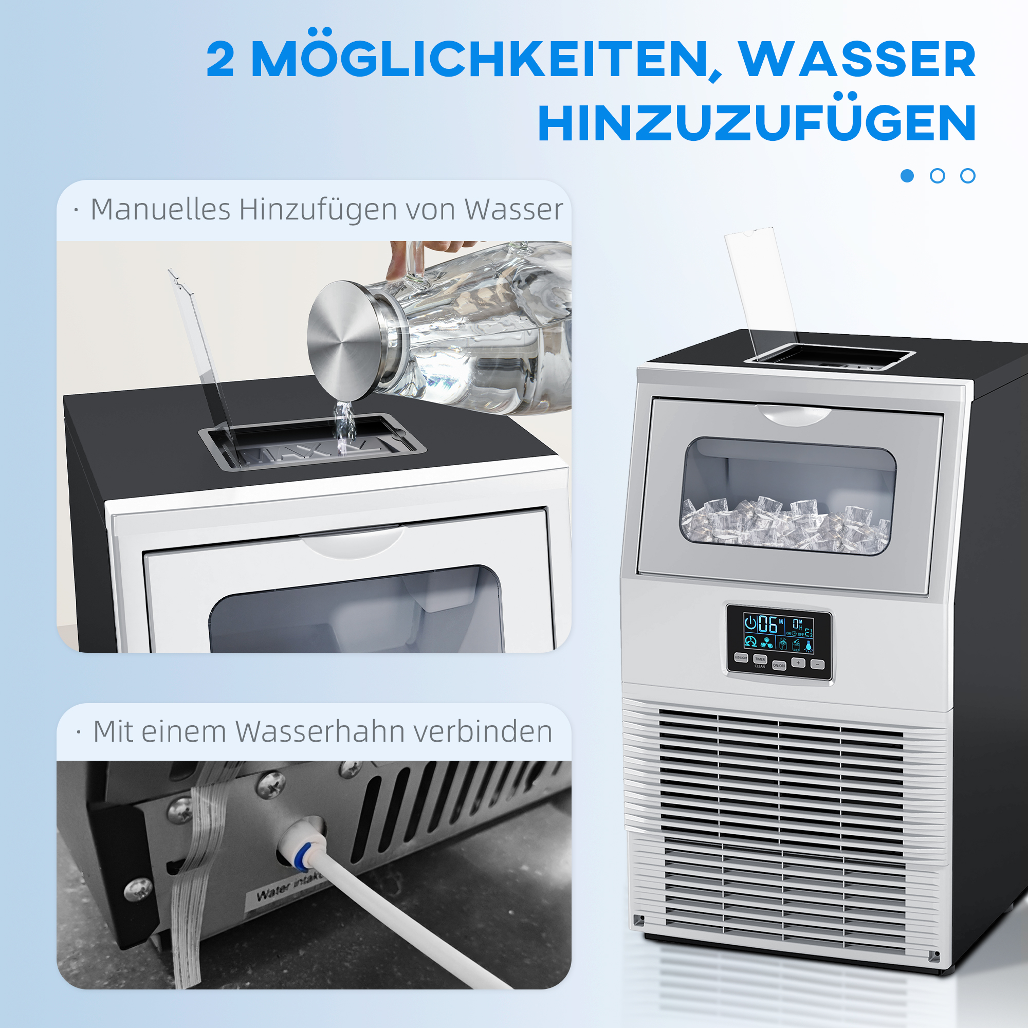 Eiswürfelmaschine, LED-Beleuchtung, leicht lesbare Anzeigen, mit Schaufel, Silber