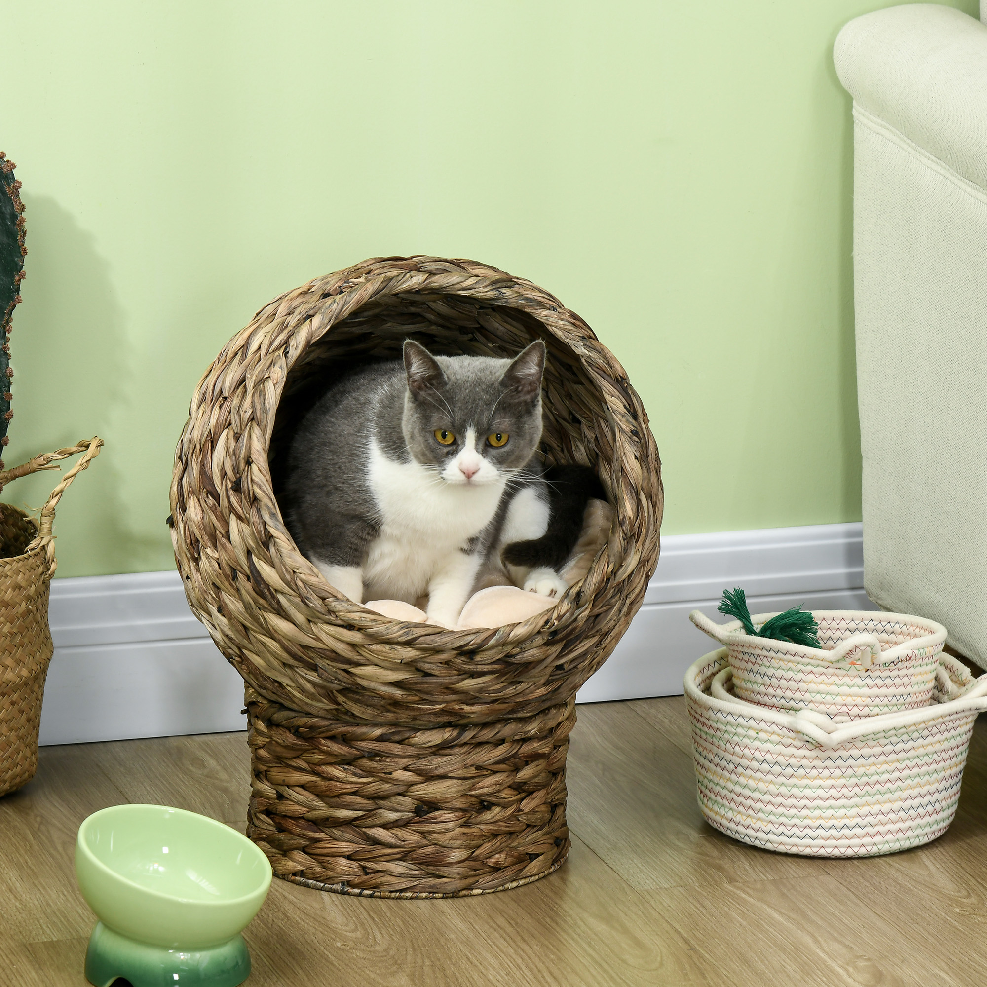 Rattan Katzenkorb Katzenhöhle Katzenhütte Katzenbett mit Kissen Haustierbett Wasserhyazinthe Kaffee 40 x 37 x 51 cm