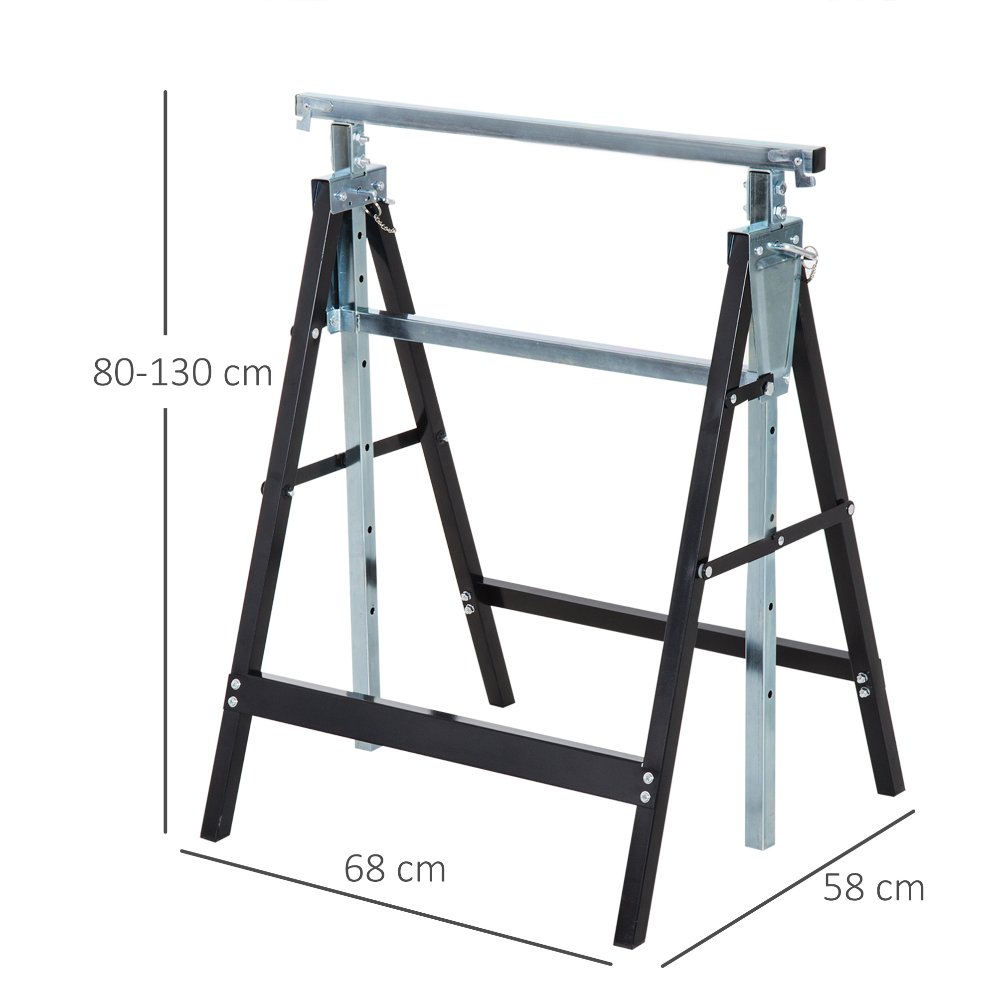2 x Gerüstbock Unterstellbock Klappbock höhenverstellbar bis 200kg Stahl Schwarz 68 x 58 x 80-130 cm