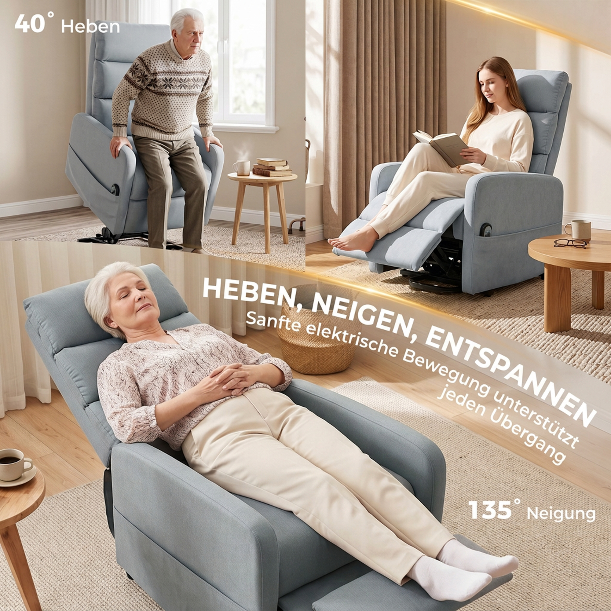 elektrischer Relaxsessel mit Aufstehhilfe, Fernbedienung, weicher Schaumstoff, Seitentasche, Bezug in Leinenoptik, Grau