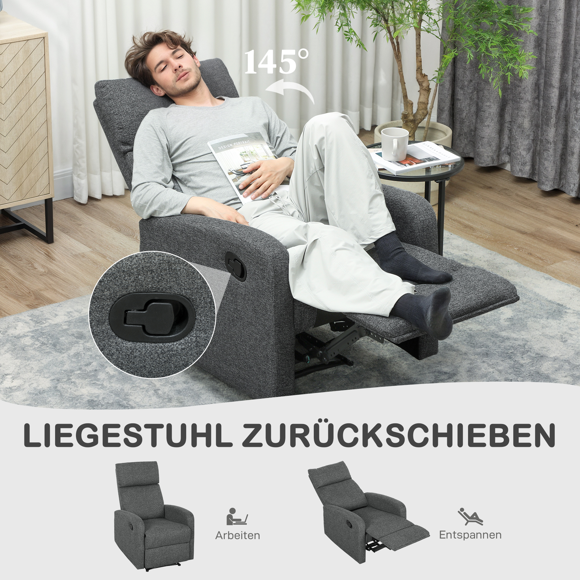 Relaxsessel, verstellbarer Liegesessel mit anpassbarer Beinstütze, Moderner Wohnzimmersessel mit Stoffbezug, Grau