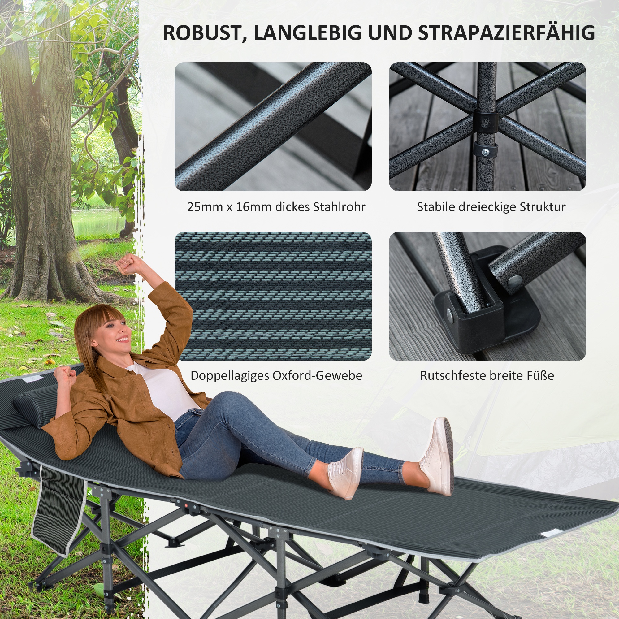 Campingbett, klappbares Feldbett mit Kopfkissen, 188 x 64,5 x 53 cm, Grau