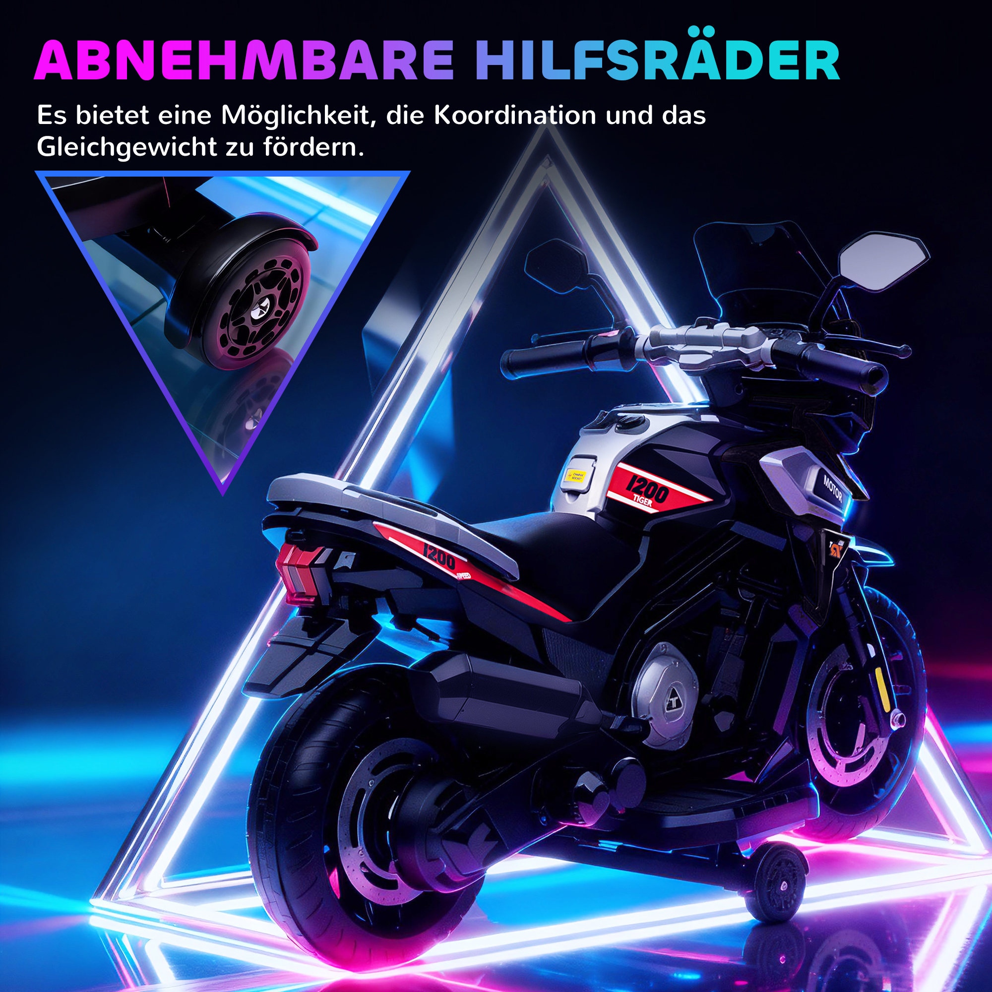 Elektro-Motorrad für Kinder von 18-36 Monaten, Aufsitz-Fahrzeug, Hilfsräder, Lichter, Musik, Kunststoff, Stahl, Schwarz