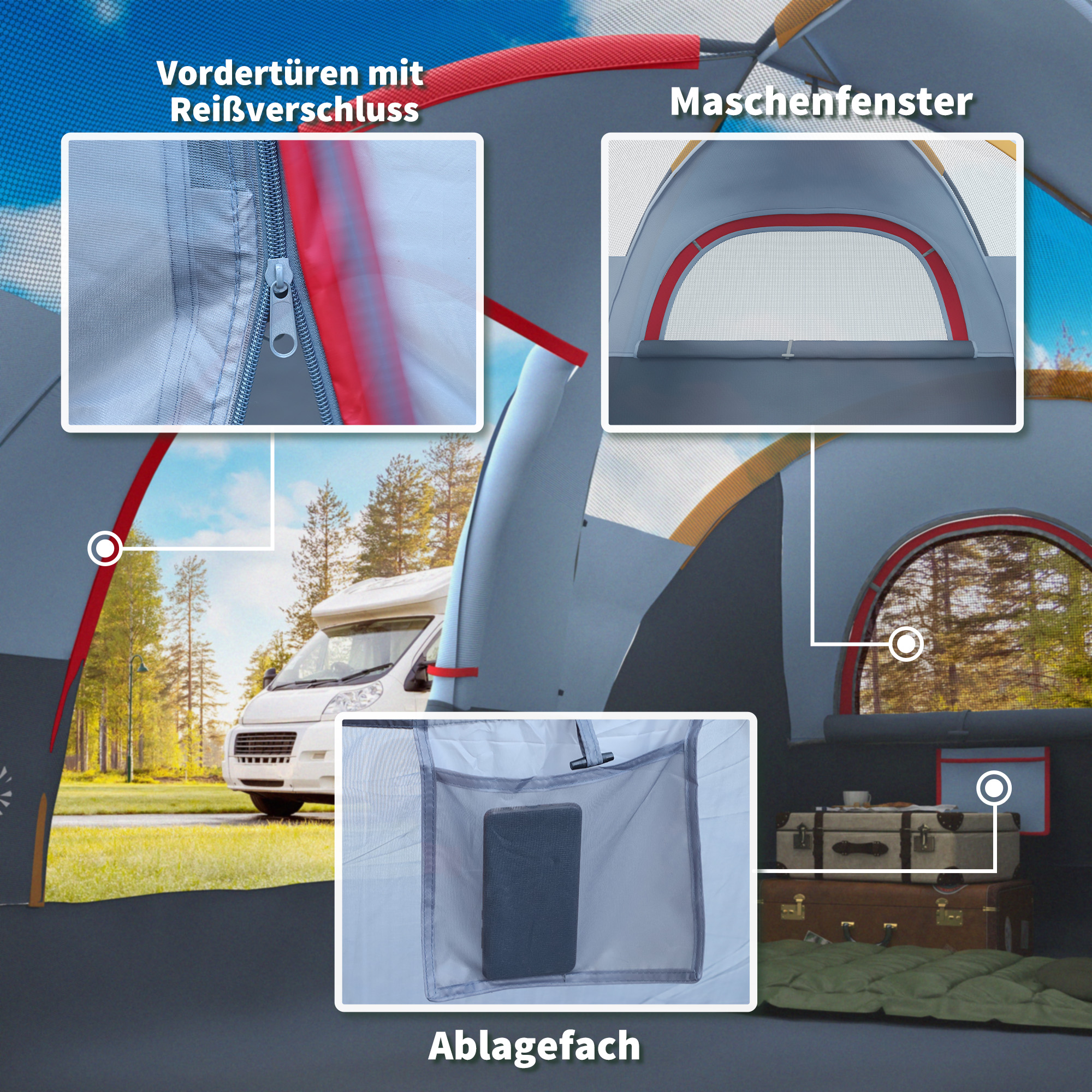 Campingzelt für 5-6 Personen stabil wasserdicht Familienzelt mit Eingang Fenster Packtasche, Zelt mit 3000mm Wassersäule Tunnelzelt Kuppelzelt für Camping Reise Garten, Hellgrau