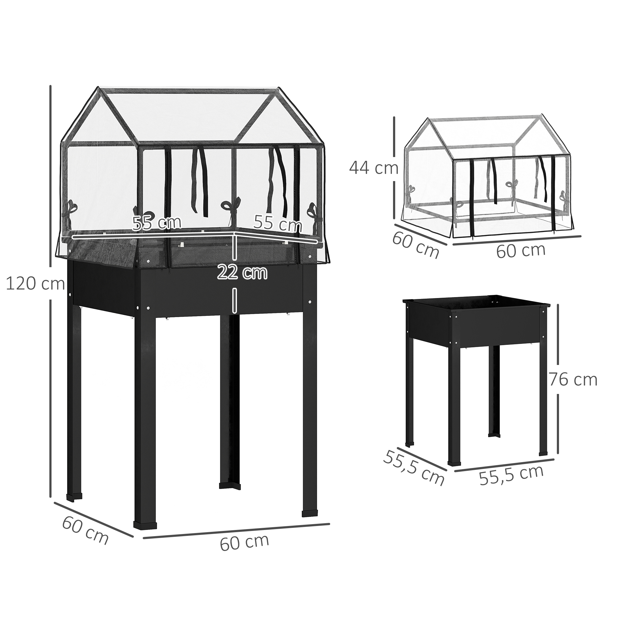Hochbeet mit Gewächshaus-Dach, erhöhte Pflanzenbox mit Ablauflöchern, 60 x 60 x 120 cm, Schwarz
