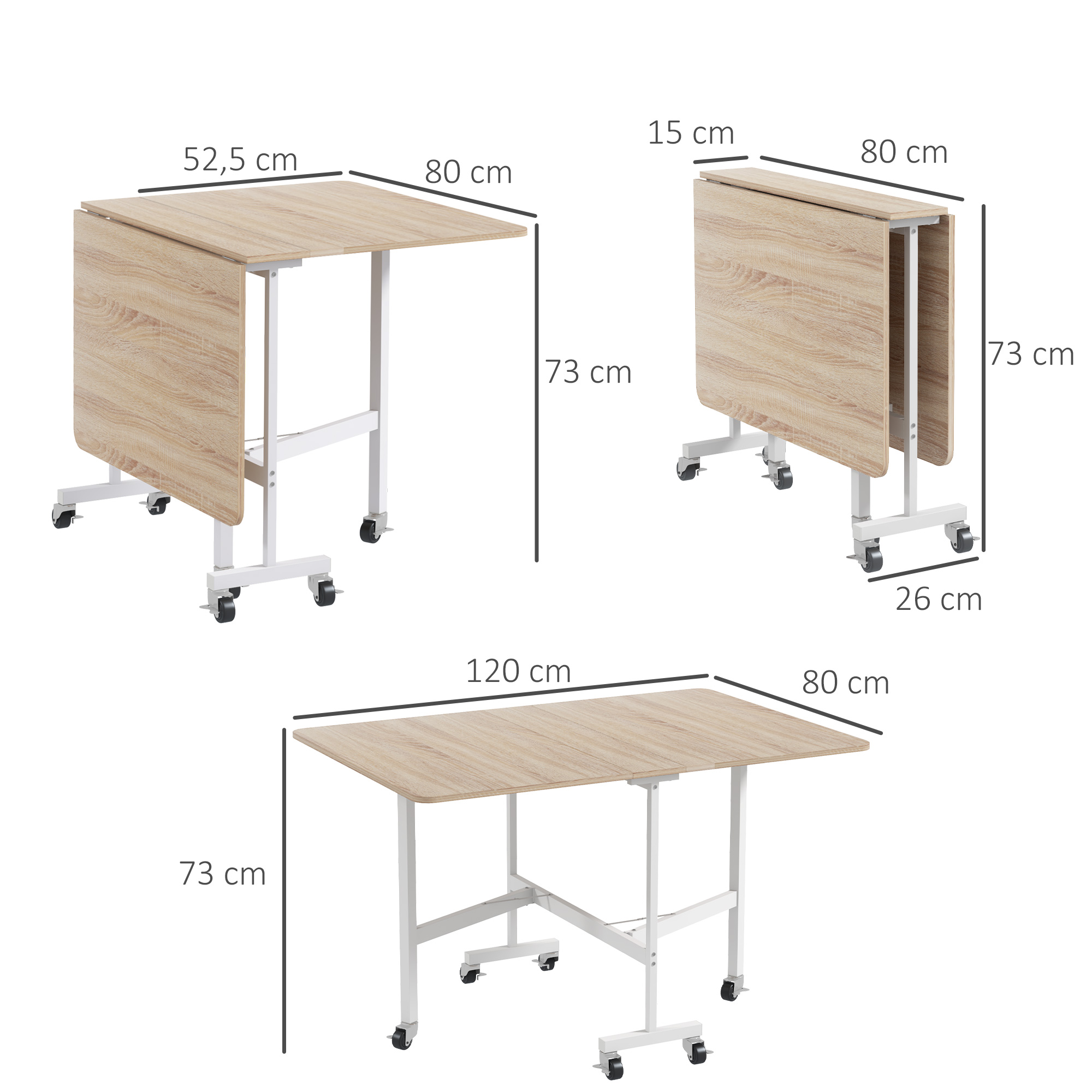 Klapptisch auf Rollen, Laptop-Tisch, Esstisch, inkl. Feststellbremse, Eiche