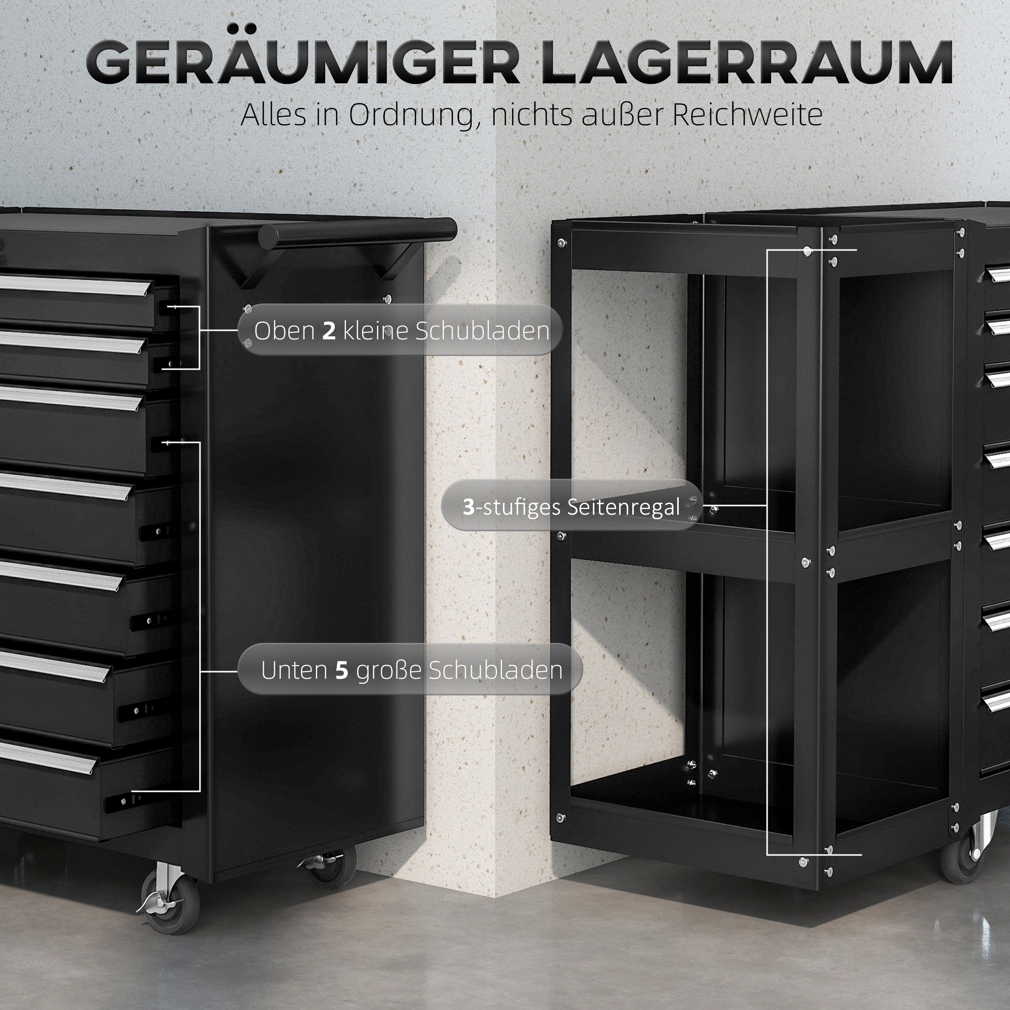 Werkstattwagen Werkzeugwagen mit 7 Schubladen abnehmbar Seitenregal 4 Rollen mit Feststellbremse, 96x33,5x75cm, Schwarz