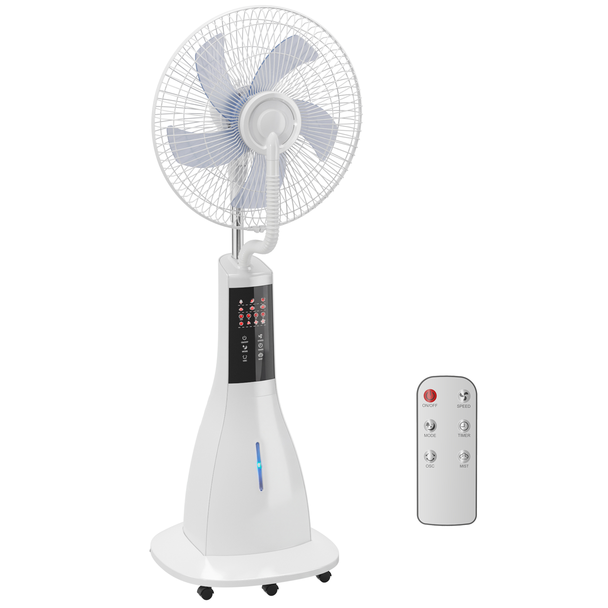 Stehventilator mit Wassernebel, 75° Oszillation, 3 Geschwindigkeiten, 3 Modi, Weiß