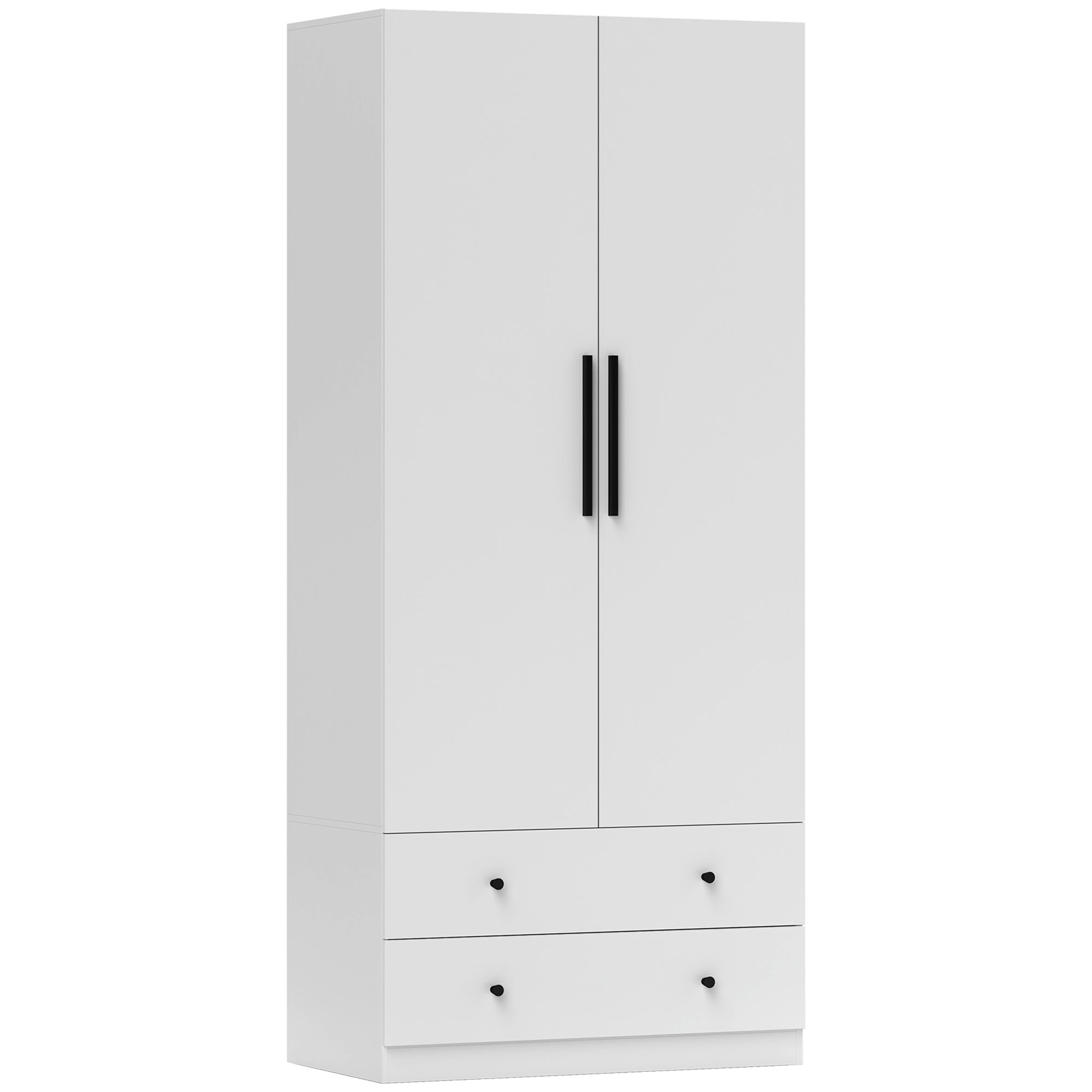 Kleiderschrank, 2 Türen, Hängebereich, Kleiderstange, 2 Schubladen, Spanplatte, Weiß