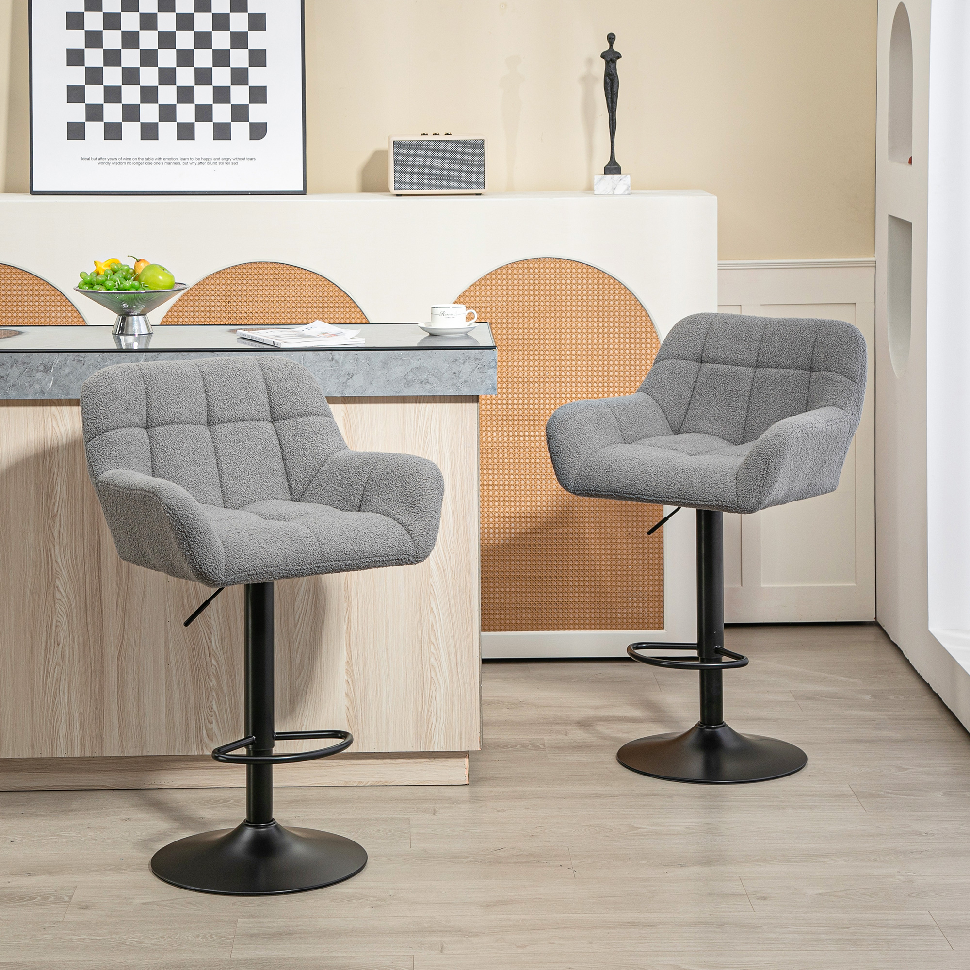 Barhocker 2er-Set Retro-Design höhenverstellbar Fleece-Optik Grau + Schwarz