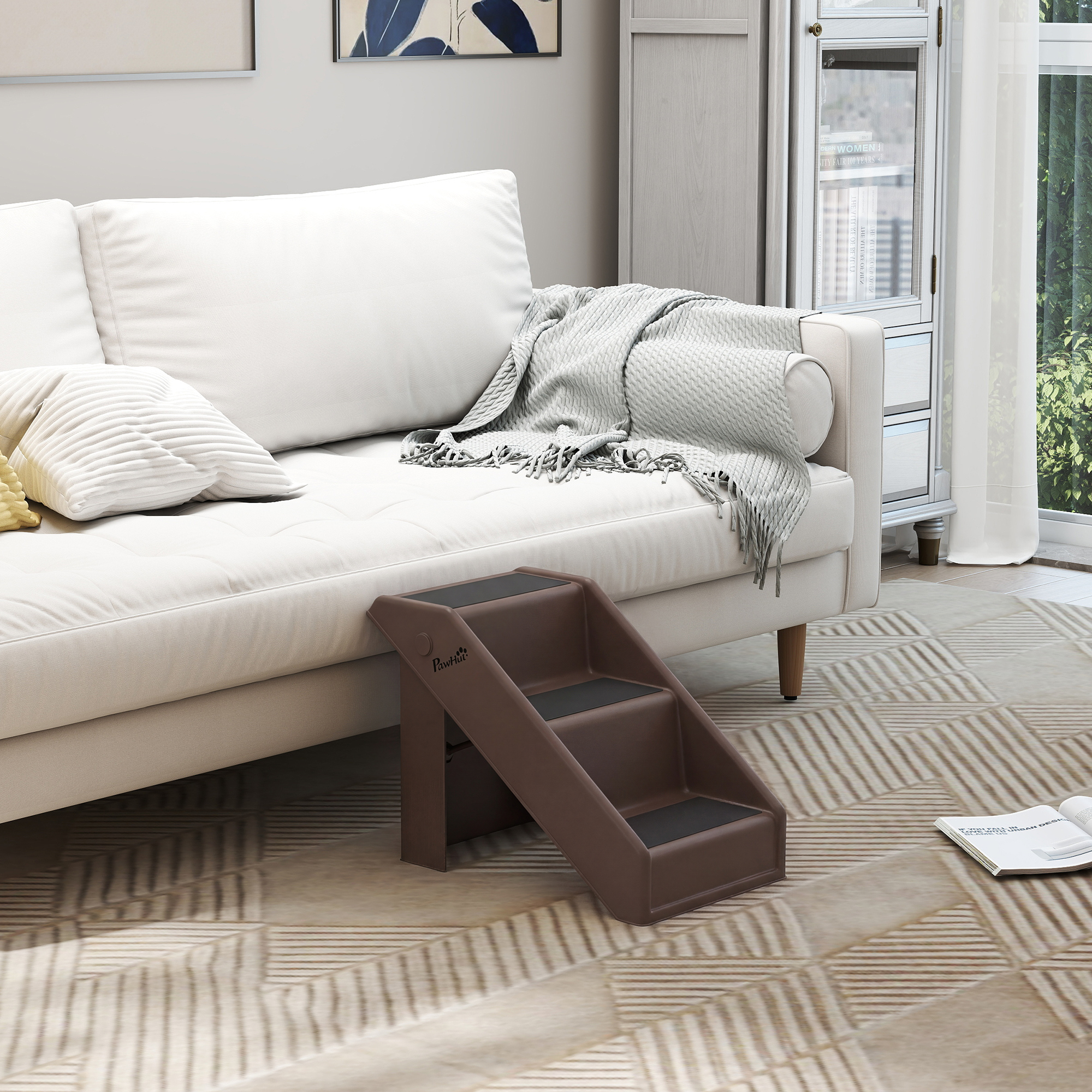 Hundetreppe 3 Stufen 36,5 cm Hoch Haustiertreppe für Kleine Hunde klappbar für Bett, Sofa, Couch Auto Braun
