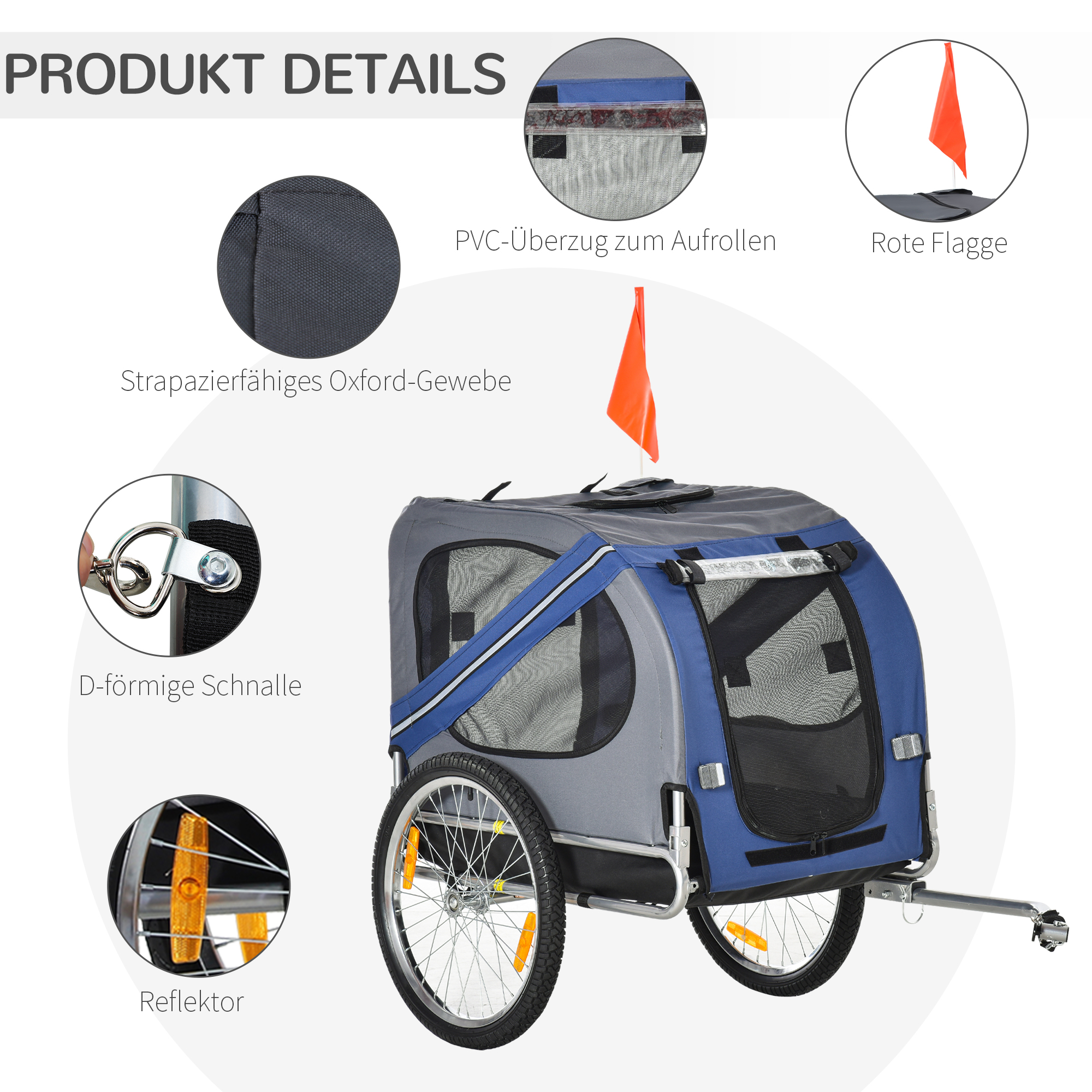 2-in-1 Haustieranhänger Fahrradanhänger bis 20kg klappbar Regenschutz Sicherheitsfahne Reflektoren Stahl grau+blau 130 x 73 x 90cm