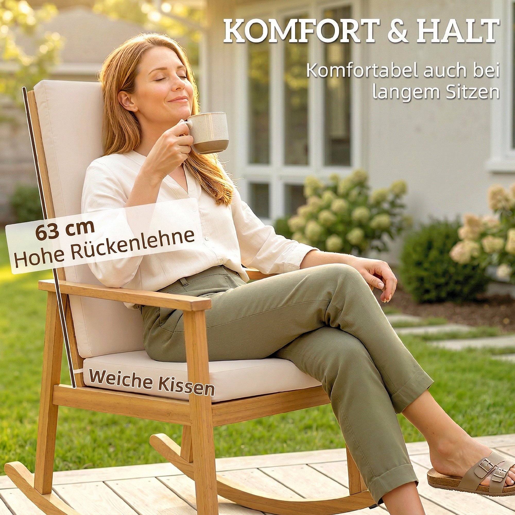 Schaukelstuhl aus Akazienholz Schaukelsessel mit hoher Rückenlehne Kissen bis 160 kg 60 x 89 x 107 cm Beige