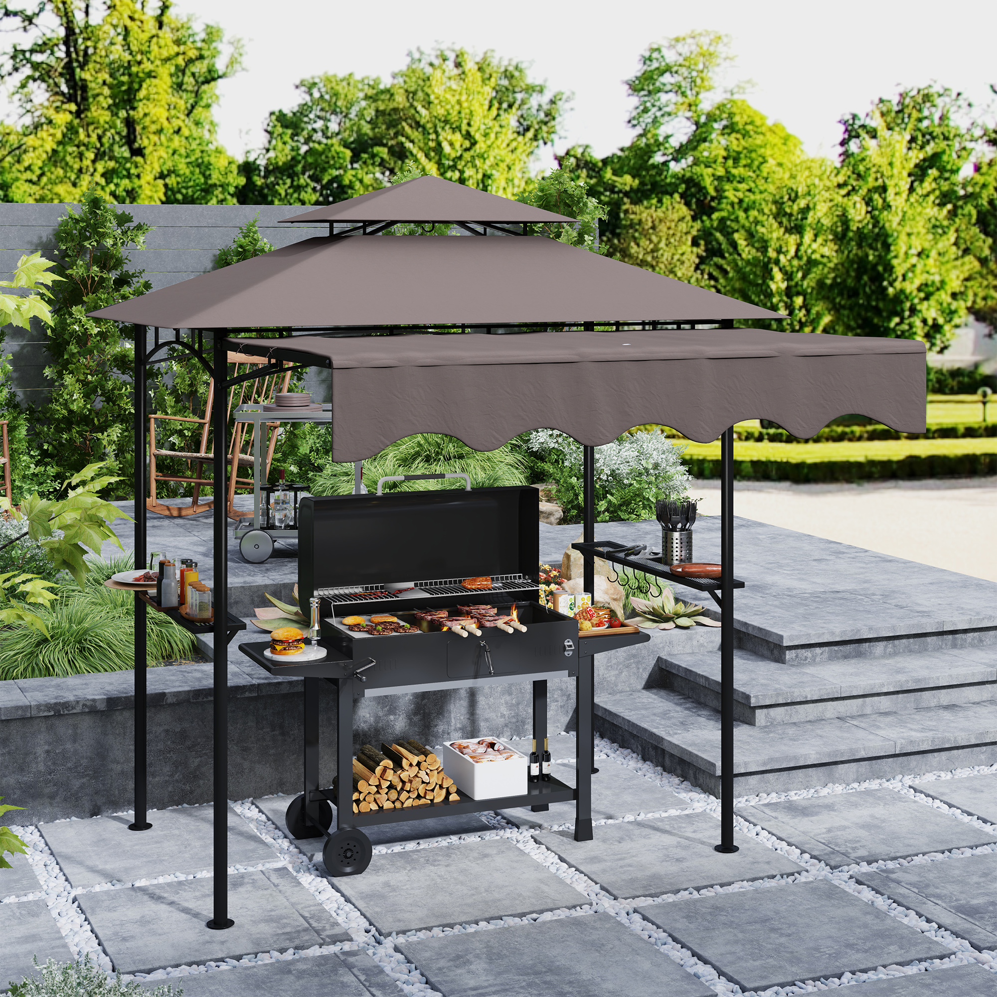 Grillpavillon 242x232x248 cm wasserabweisend flammhemmend Gartenpavillon mit Doppelschichtdach Kaffee
