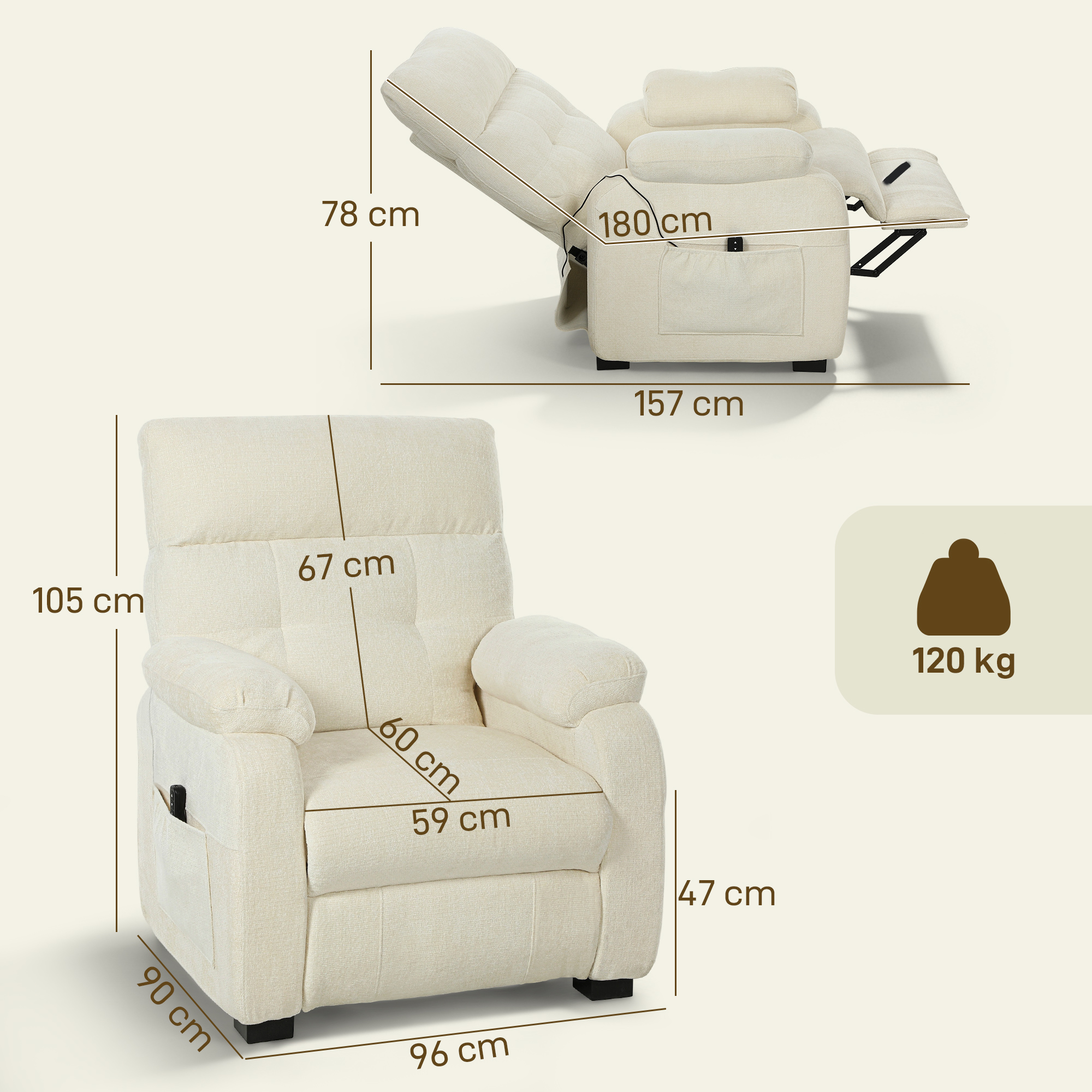 elektrischer Relaxsessel Fernsehsesel mit Fußstütze, Seitentaschen, bürstenlosem Motor, USB-Anschluss, Fernbedienung