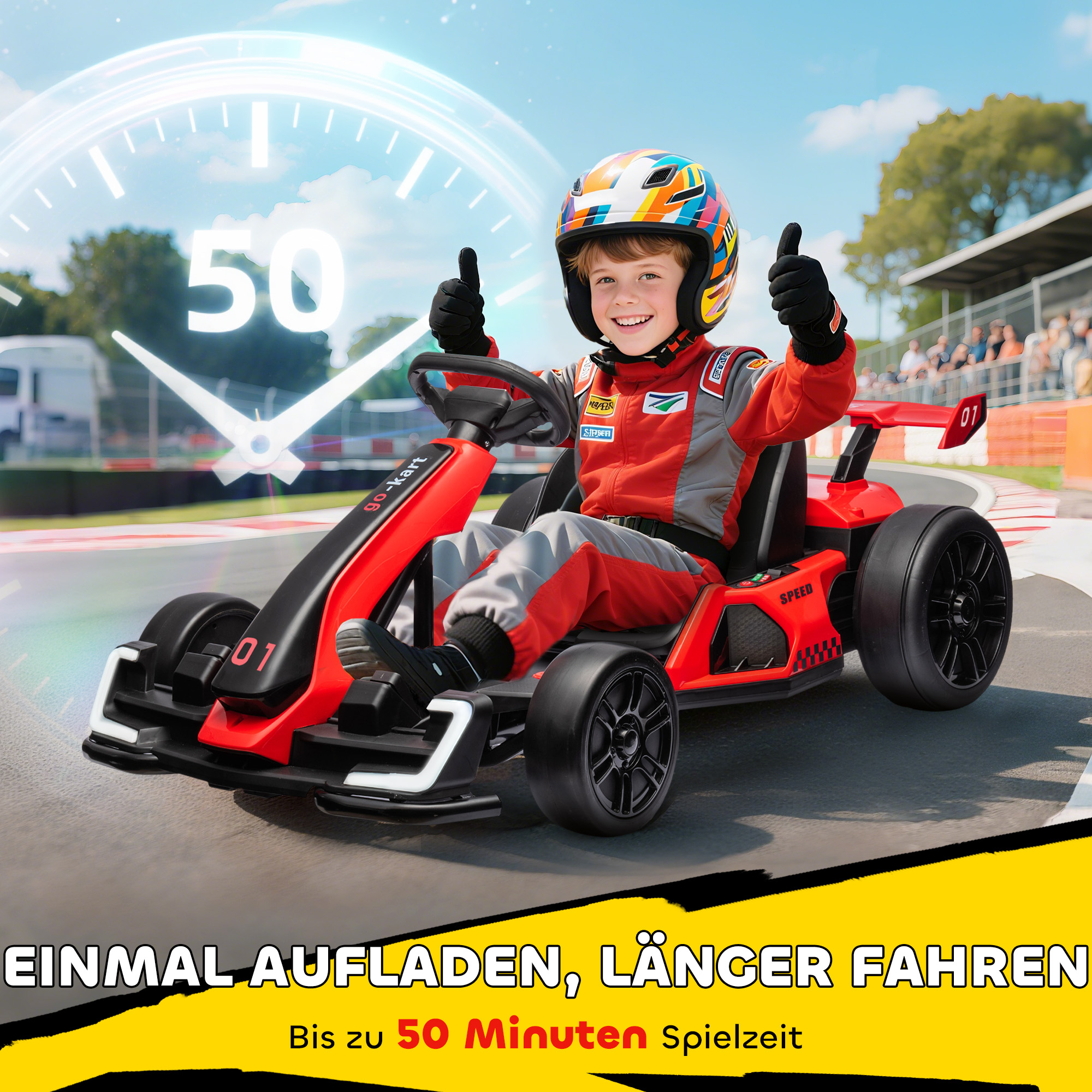 Go-Kart für Kinder, Elektro-Kart mit Hupe und Musikfunktion, verstellbarer Sitz, bis 12 km/h, Kunststoff, Metall, Rot