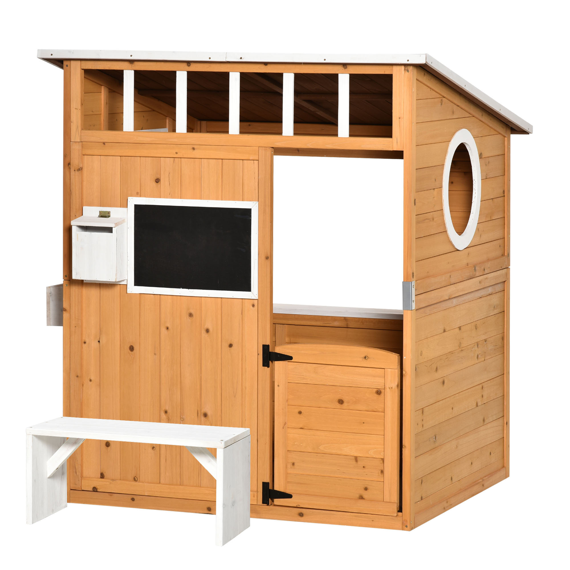 Kinderspielhaus aus Naturholz, mit Briefkasten und Blumenkasten, Natur