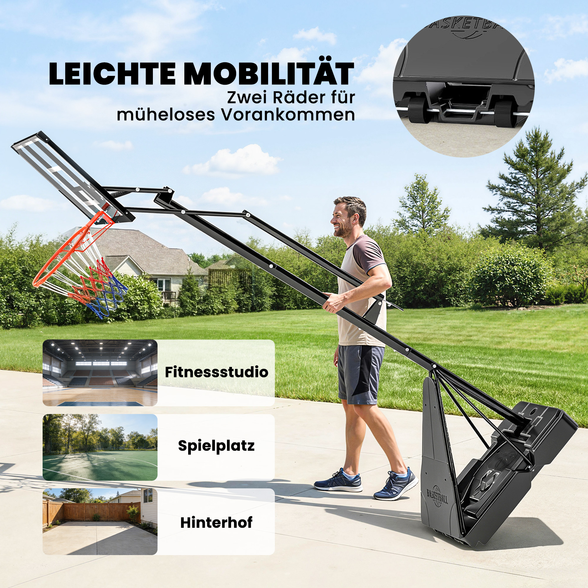 Mobiler Basketballkorb, höhenverstellbar von 2,45-3,05 m, bruchsicheres Backboard, Handkurbel-Höhenverstellung