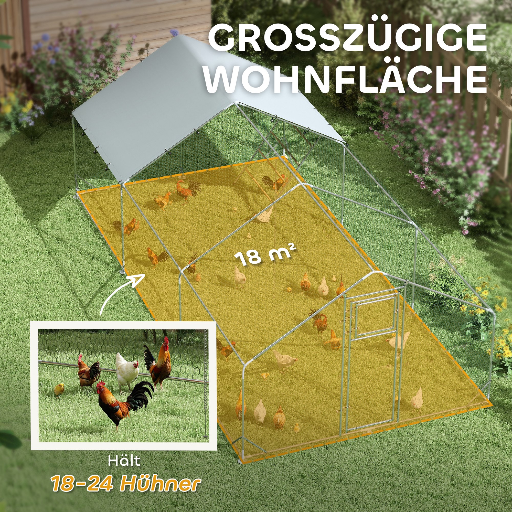 Hühnerstall, Freilaufgehege für Hühner, mit UV-beständiger Plane, Stahlgitter, Futterautomat, für 18-24 Hühner