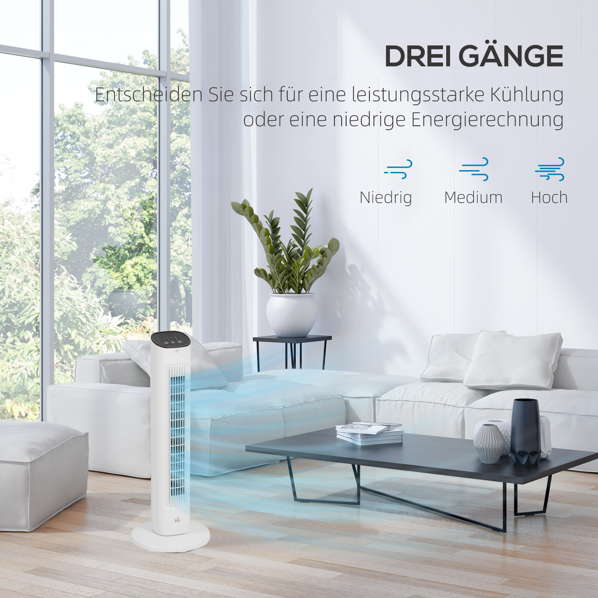 85° oszillierender Turmventilator mit Fernbedienung 3 Geschwindigkeiten 2 Modi Timer LED-Display 30x30x78 cm Weiß