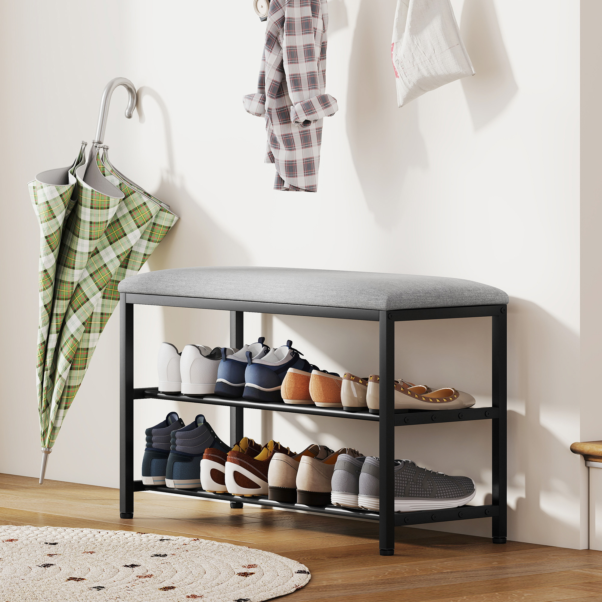 Schuhbank mit Sitzfläche, Sitzbank mit Stauraum, Schuhregal mit 2 offene Fächer, Sitzbank 81 x 31 x 50 cm Schwarz