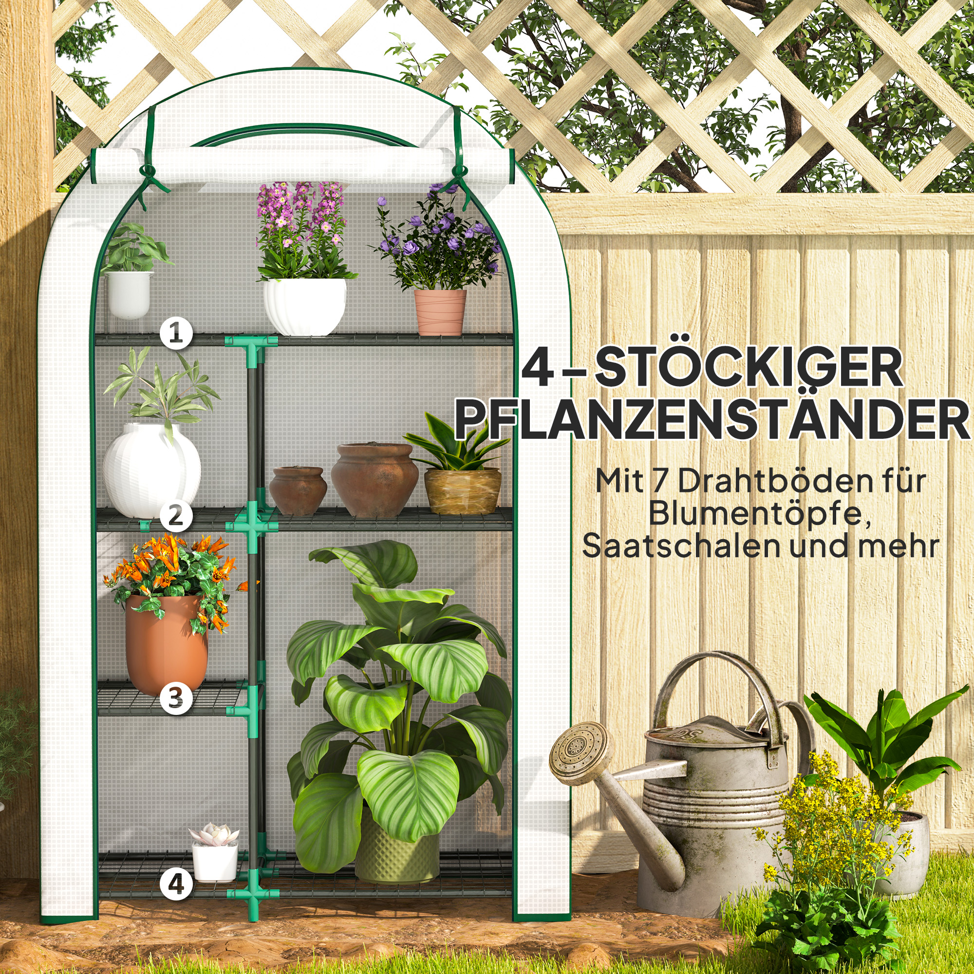 Mini-Gewächshaus, 4-stufiges Gewächshaus mit Kunststoff-Plane, tragbar, Rolltür, 100 x 45 x 160 cm, Weiß