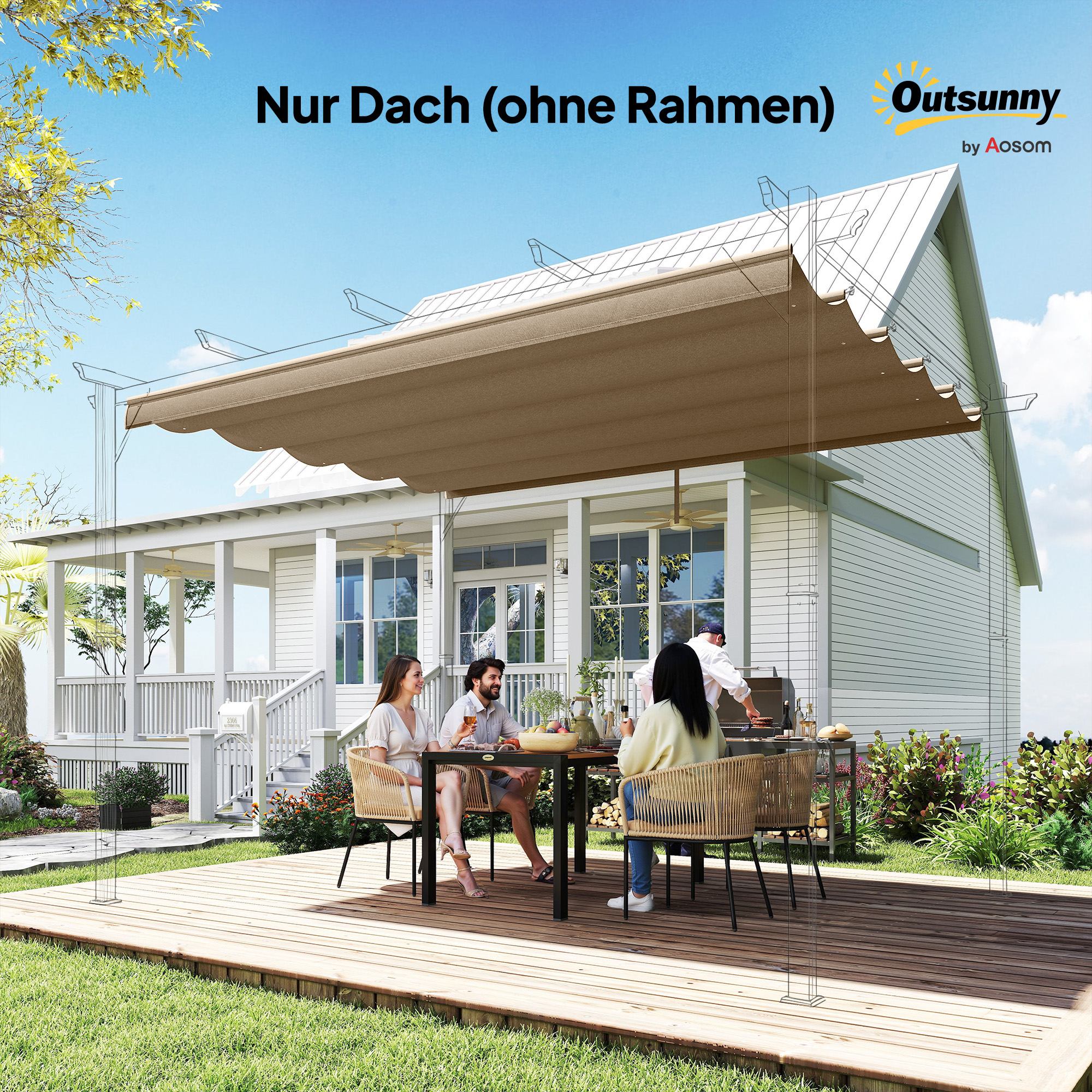 Ersatzdach für 3 x 3 m Pergola, einziehbar, mit Regenabflusslöchern, wetterfest, Polyester, Braun