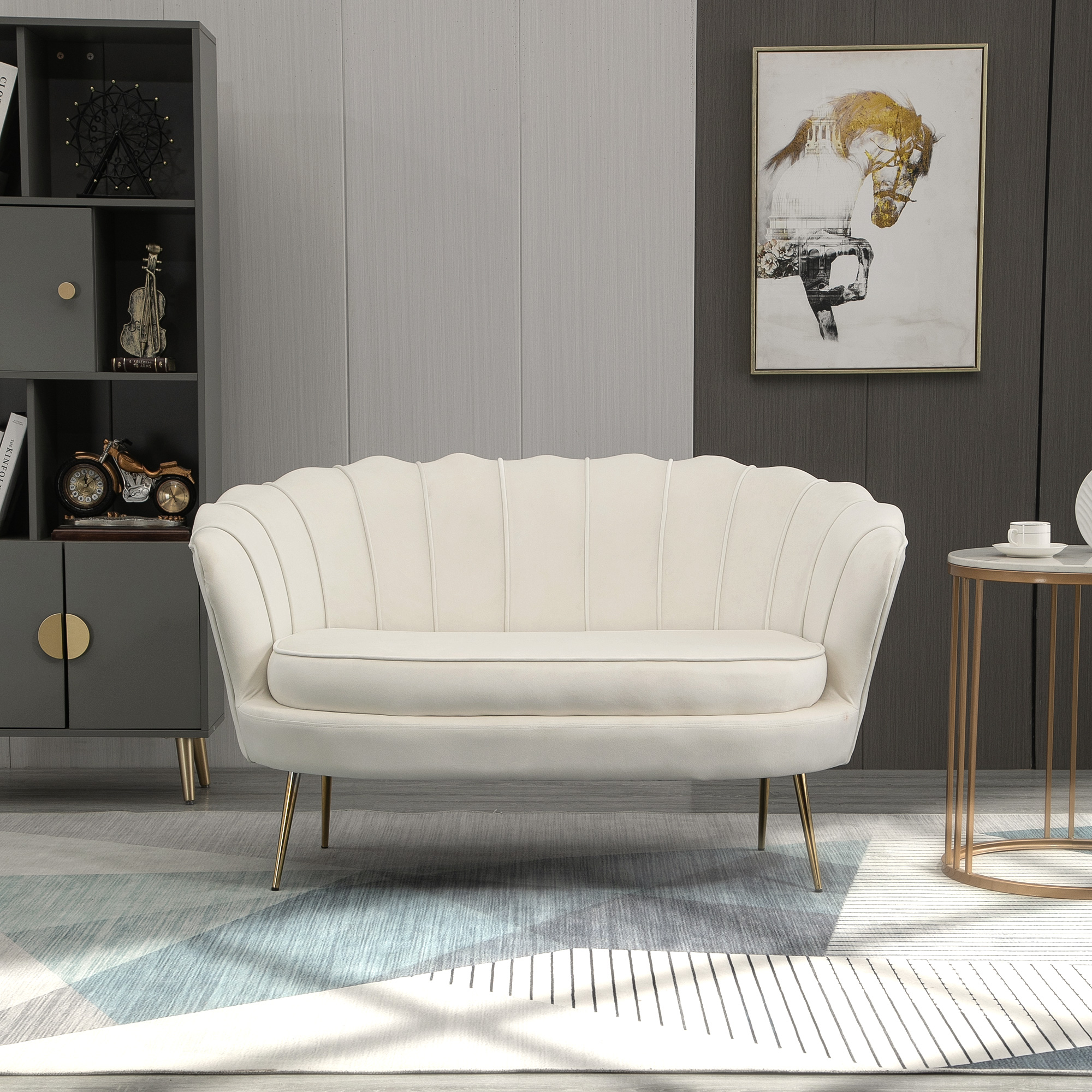 Vintage 2-Sitzer Sofa, Couch, Polstermöbel, Samtoptik, bis 150 kg, Creme/Gold