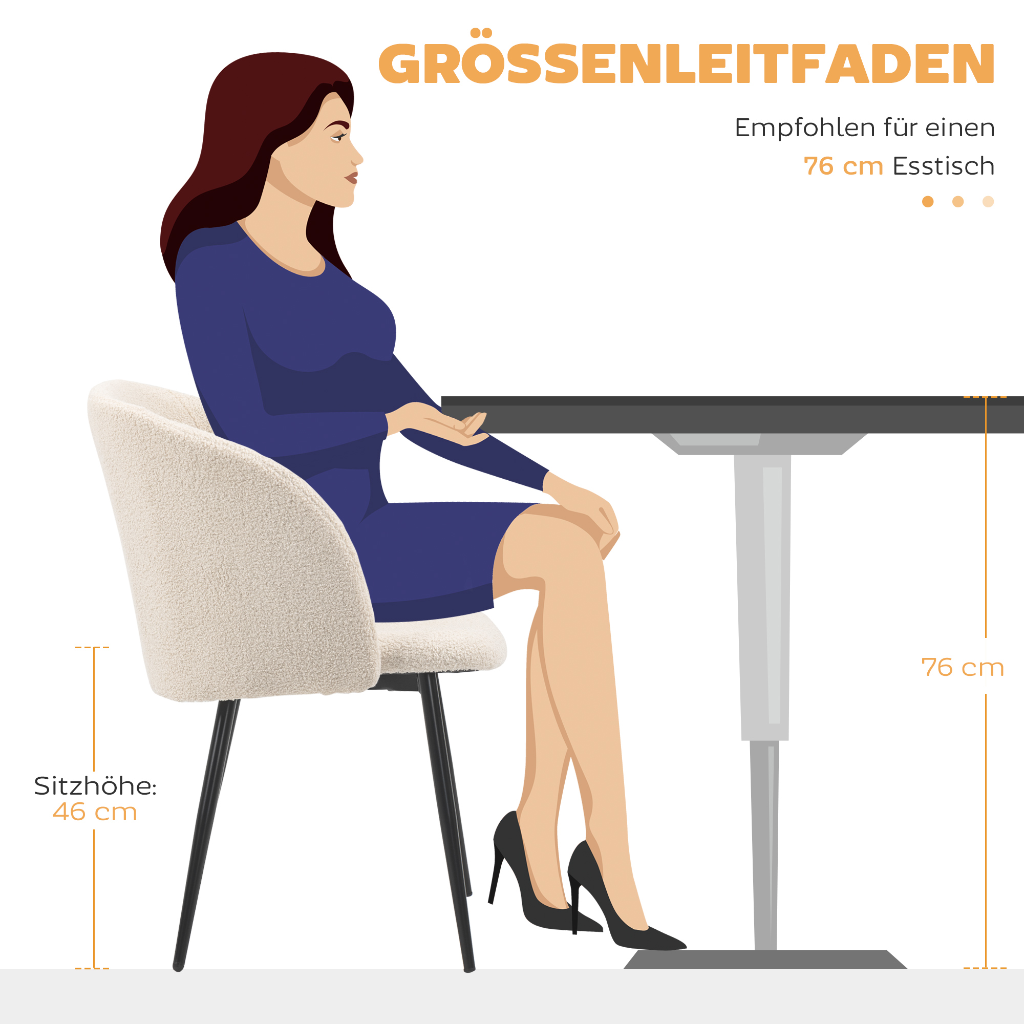 2er-Set Esszimmerstühle, Polsterstühle mit Stoffbezug, Küchenstühle mit Stahlbeinen, gewölbte Rückenlehne, Cremeweiß