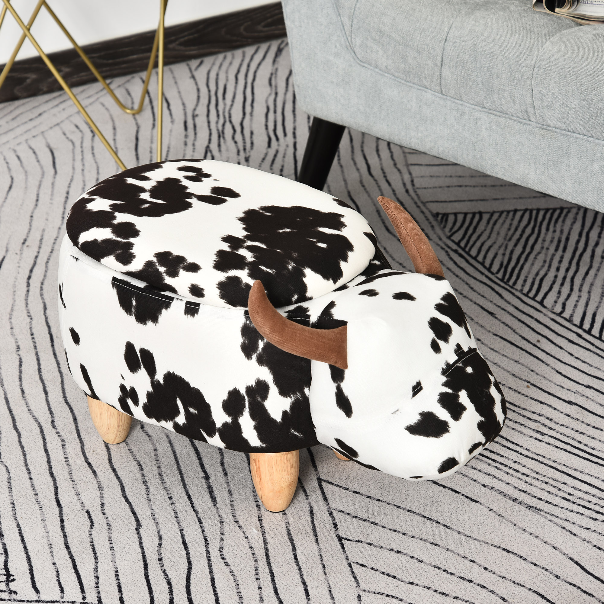 Tierhocker, Dekohocker mit Stauraum, Polsterhocker, Sitzhocker, Sitzbank mit Tier-Design, für Wohnzimmer, Schweinchen Fußbank, Schwarz+Weiß, 62 x 35 x 36 cm