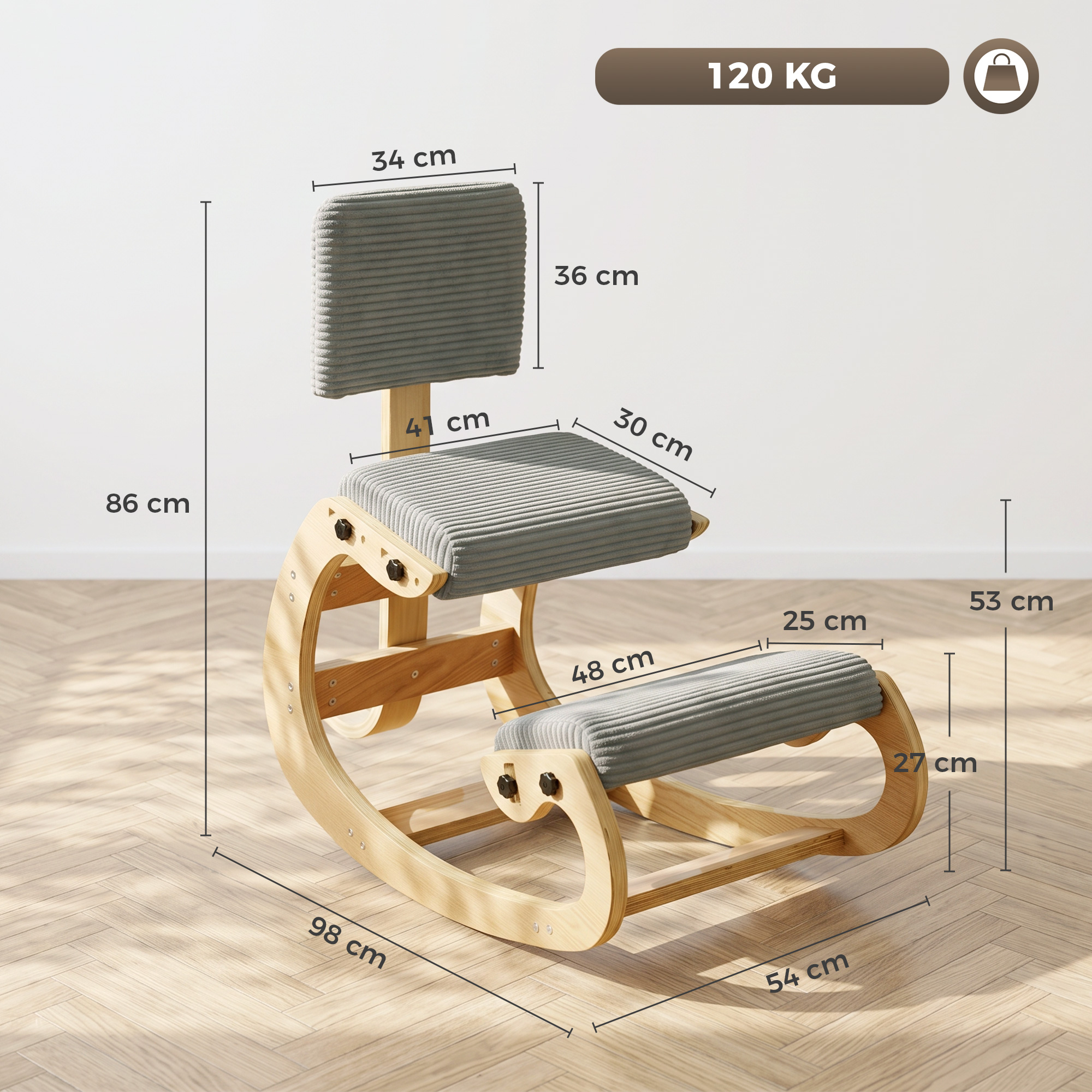 Ergonomischer Kniestuhl, Kniehocker mit Rückenlehne, Cord-Optik, Bürostuhl für Zuhause, Büro, Meditation, Dunkelgrau