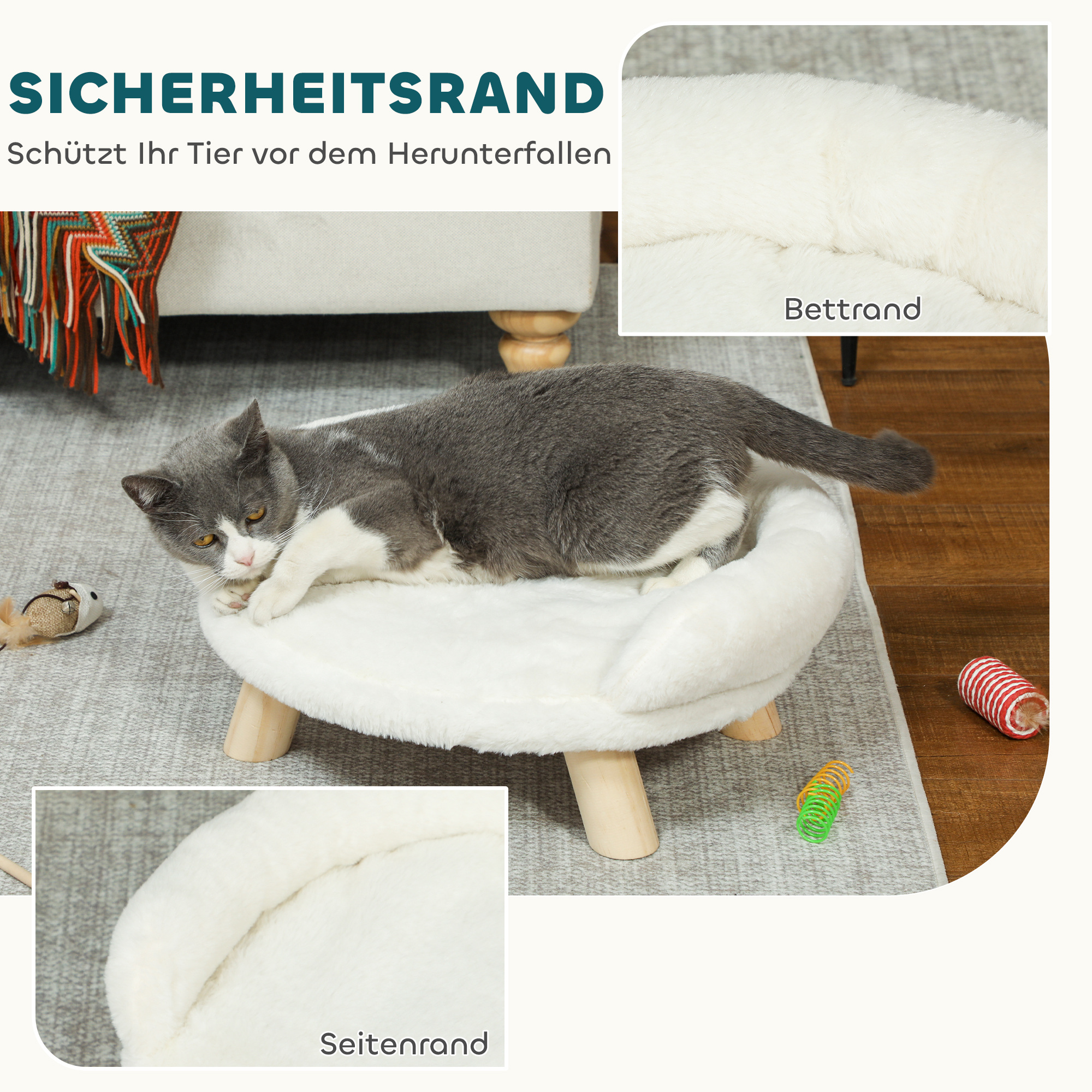 Haustierbett für Katzen und Hunde bis 5kg/30cm, waschbarer Plüschbezug, Cremeweiß, 47 x 40 x 20 cm